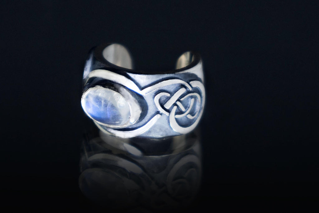 Sterling silver Celtic no-piercing ear cuff with natural MoonStone