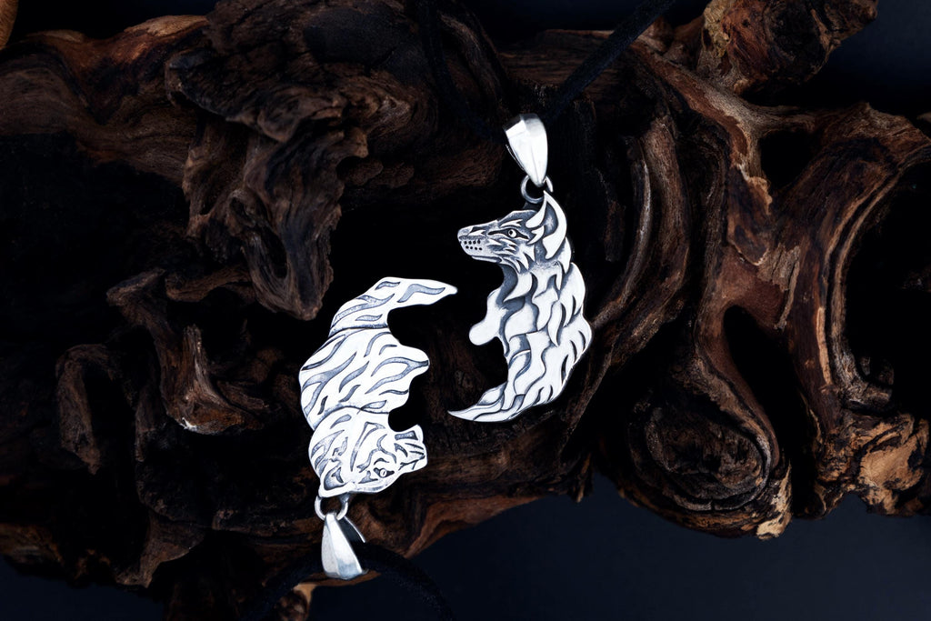 Sterling silver wolf and tiger matching pendants