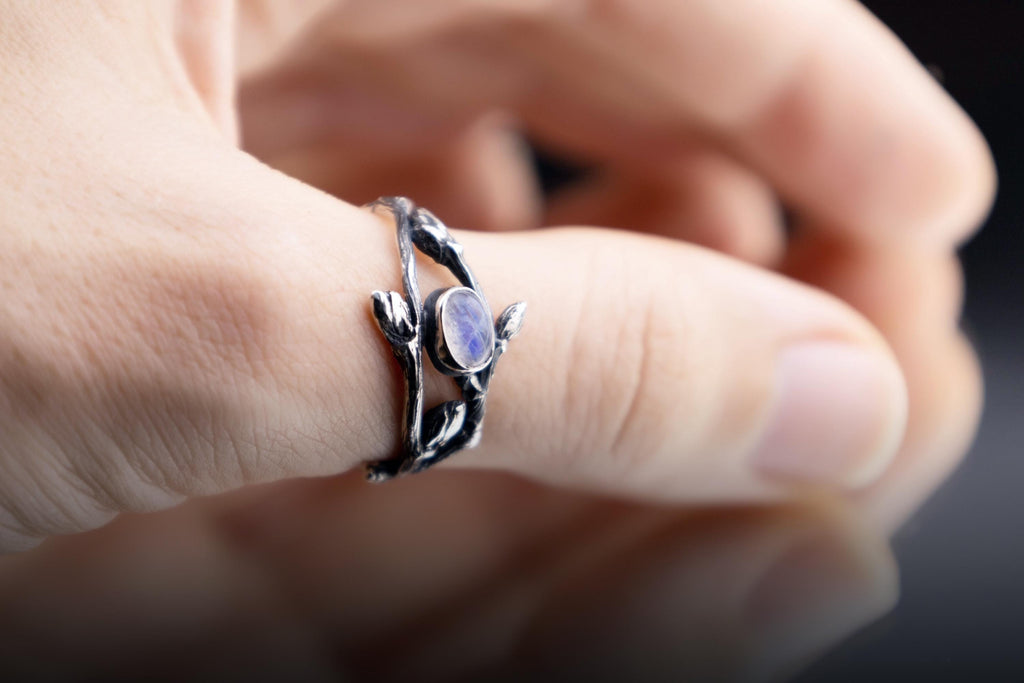 Elven style twig ring worn on a finger