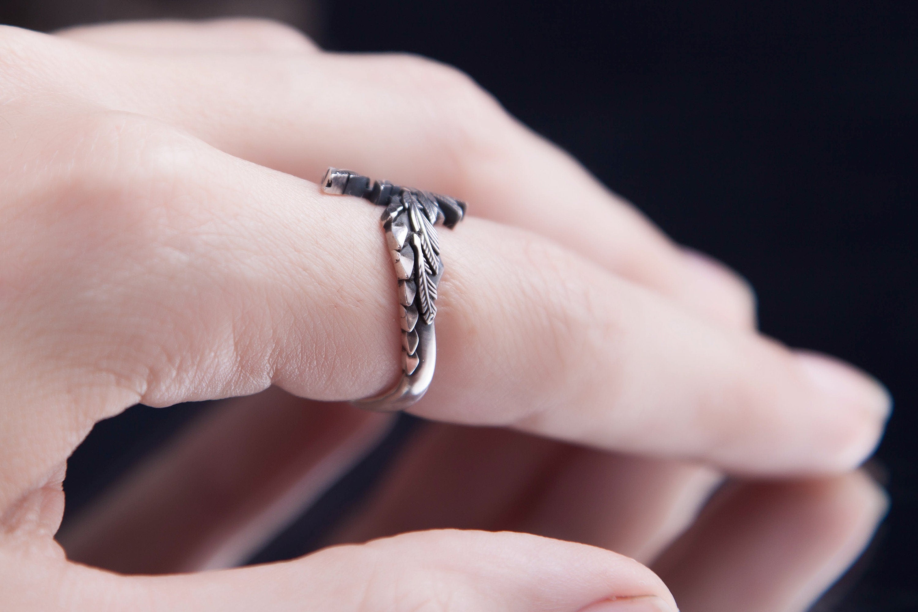 Mythology themed silver ring influenced by Mexican ancient art