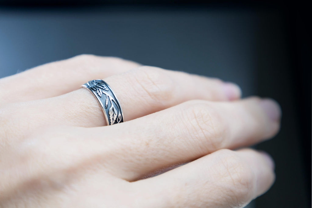 Birch leaf silver ring worn on hand