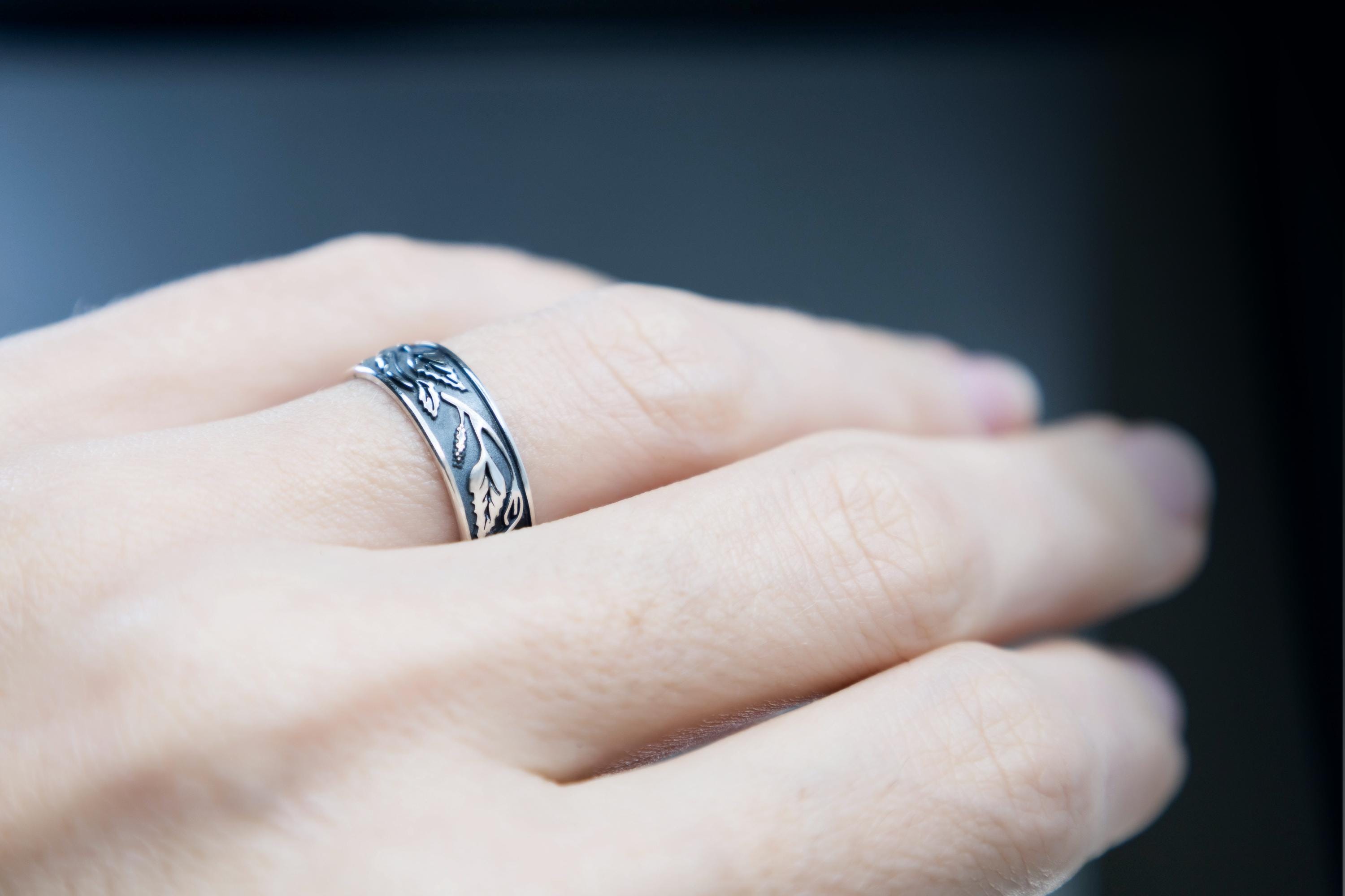Birch leaf silver ring worn on hand