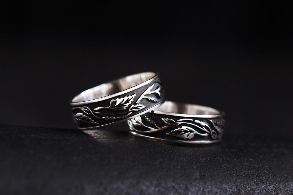 birch leaf wedding rings with botanical pattern, silver nickel free