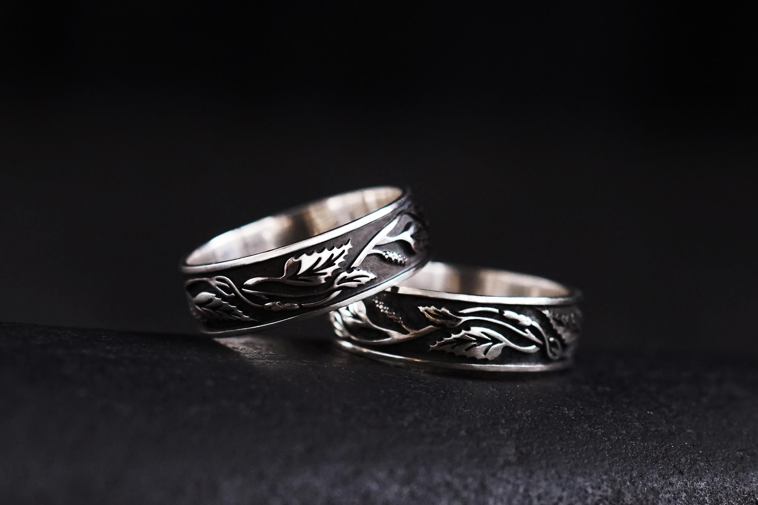 birch leaf wedding rings with botanical pattern, silver nickel free