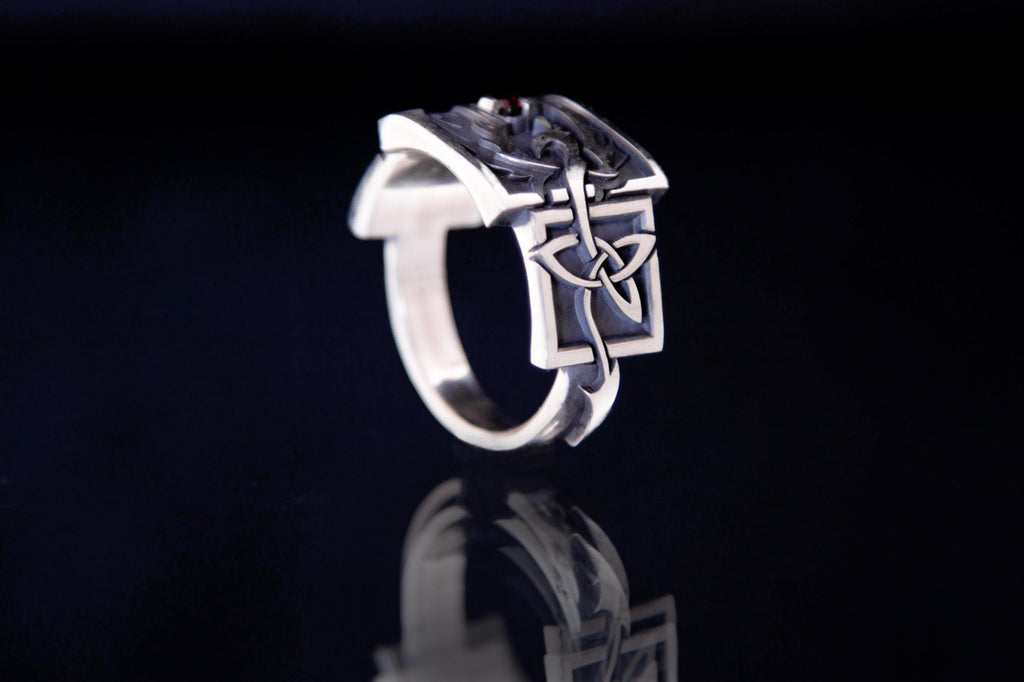 Handmade Celtic phoenix signet ring on hand