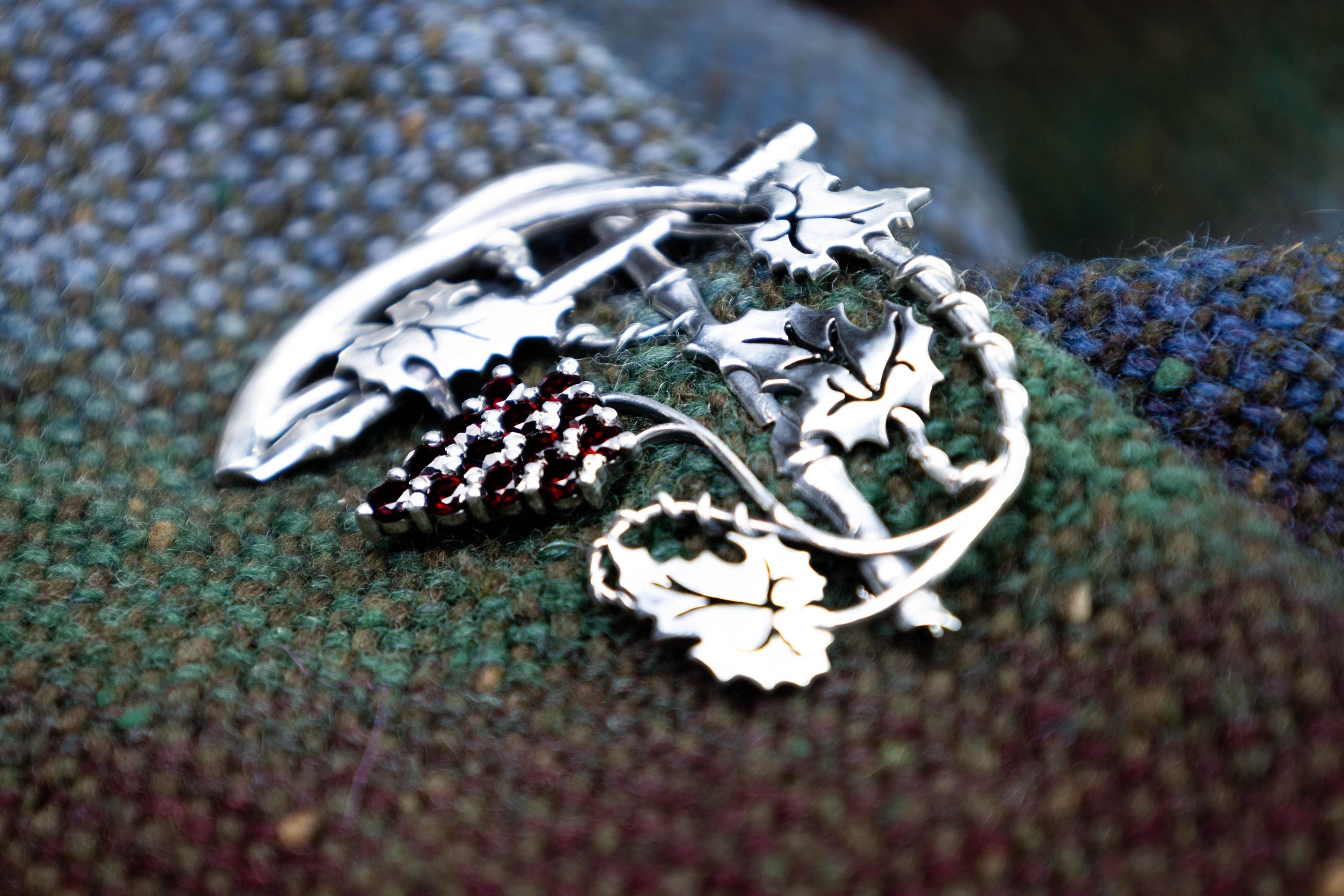 Handmade grapevine brooch with red garnet cluster, silver statement pin