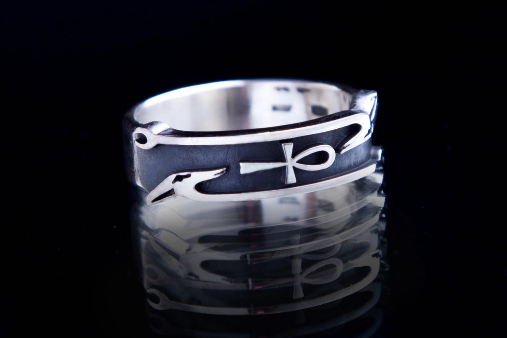 Unisex sterling silver Egyptian ring with Was Ankh symbols