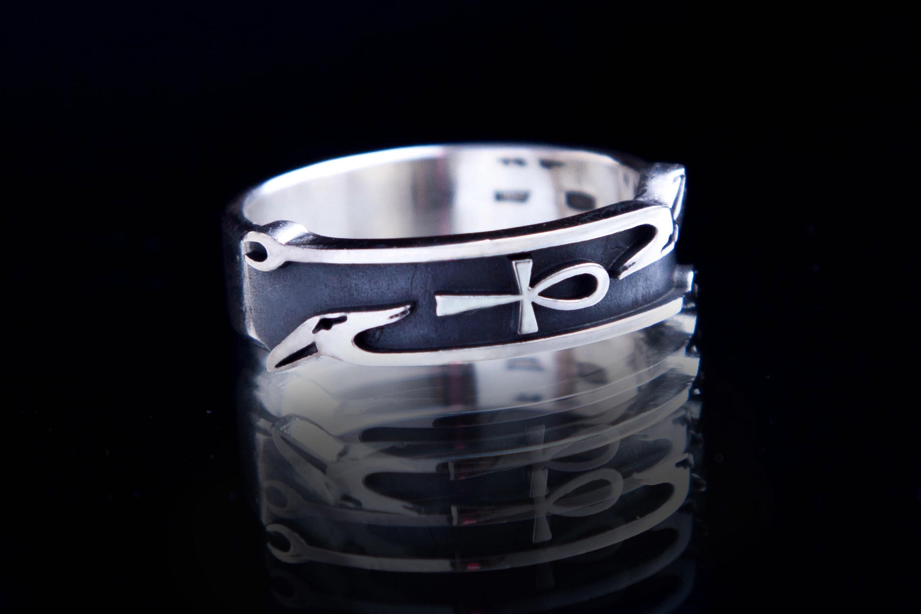 Unisex sterling silver Egyptian ring with Was Ankh symbols