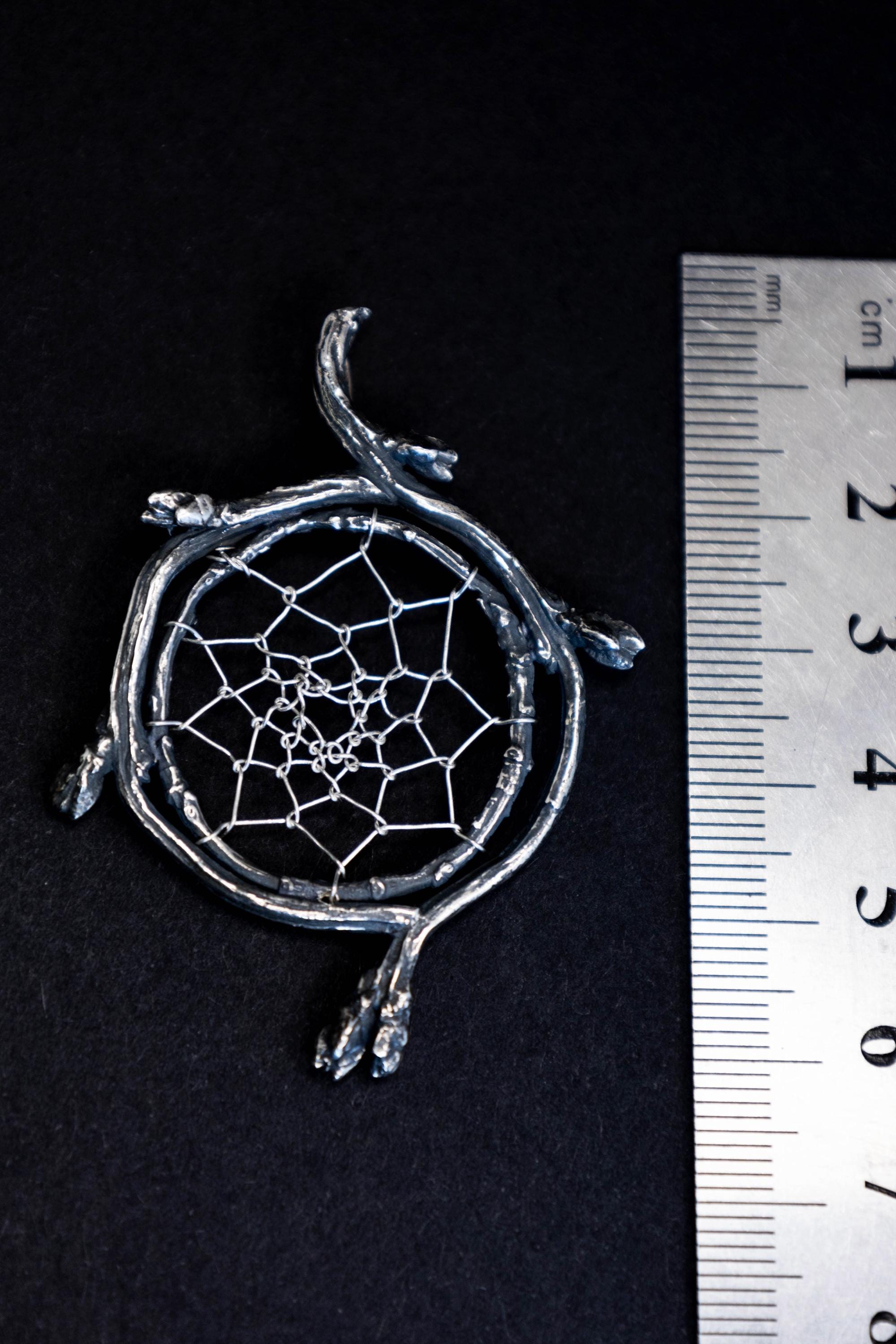 Dreamcatcher pendant with branches and fine silver web, handmade jewelry