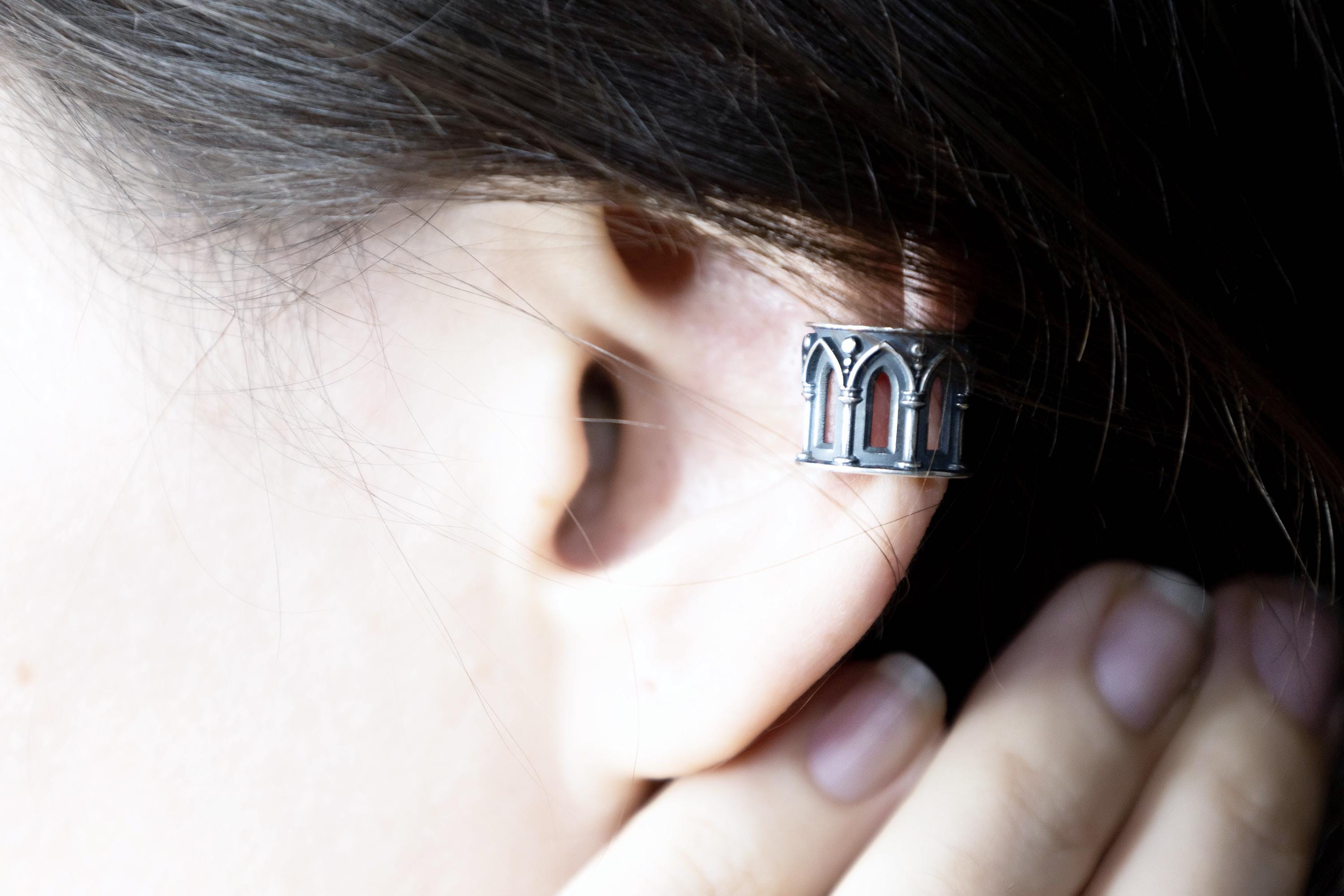 sterling silver gothic ear cuff worn, medieval jewelry gift