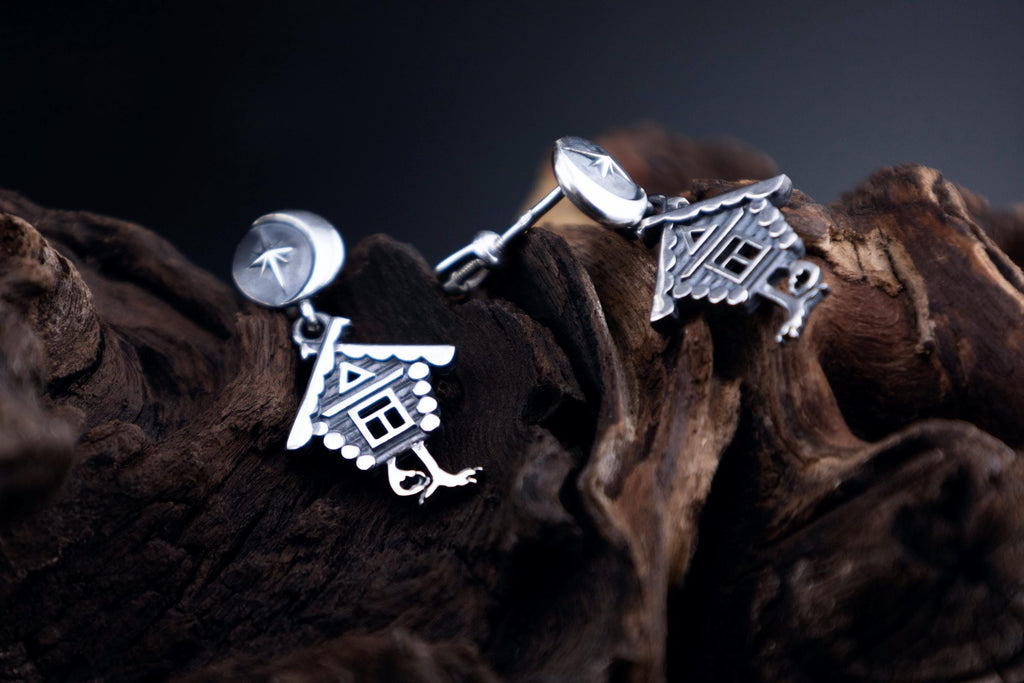 Baba Yaga Earrings, Sterling Silver Slavic Folklore Witch House on Chicken Legs