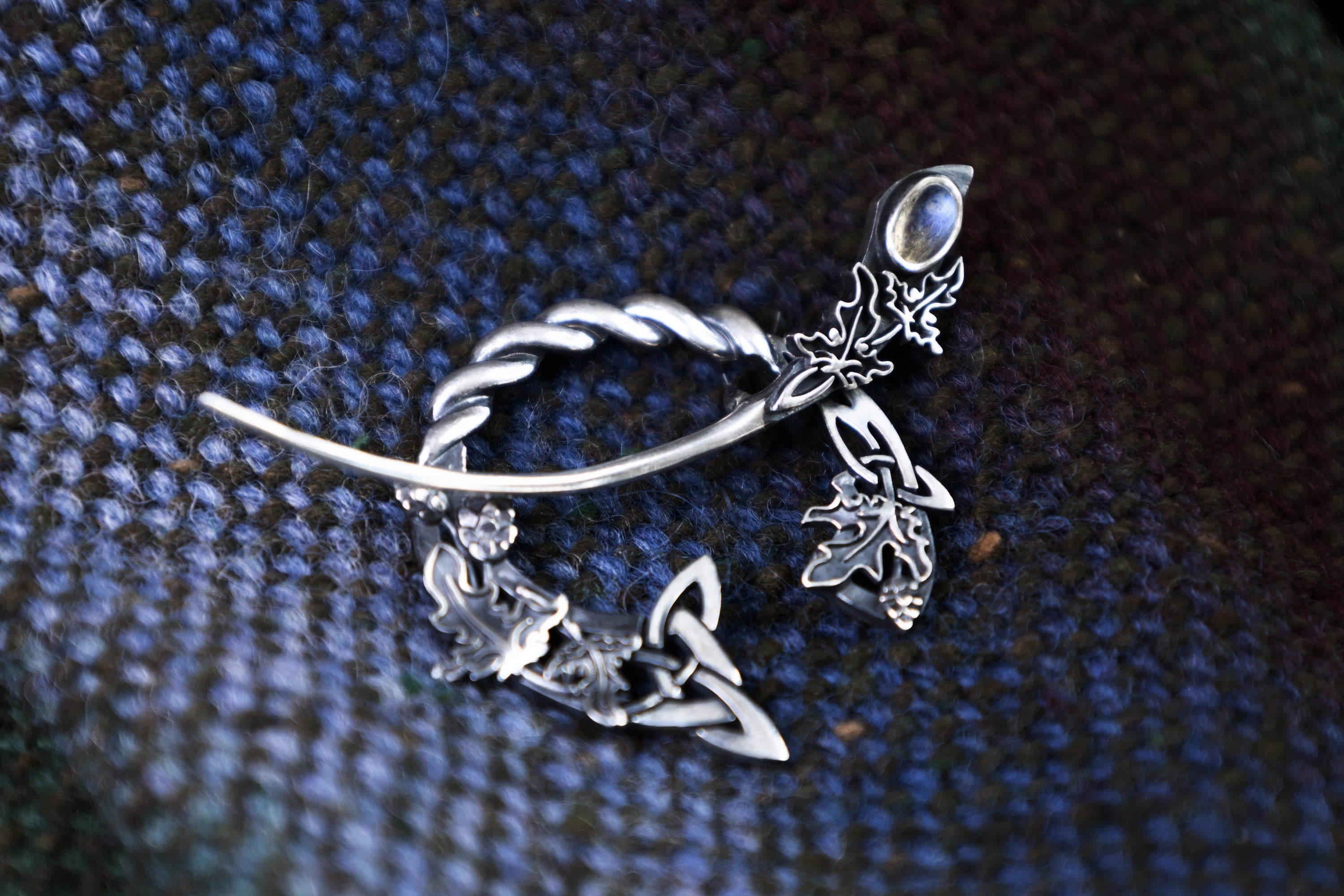 Handmade silver shawl pin with botanical pattern