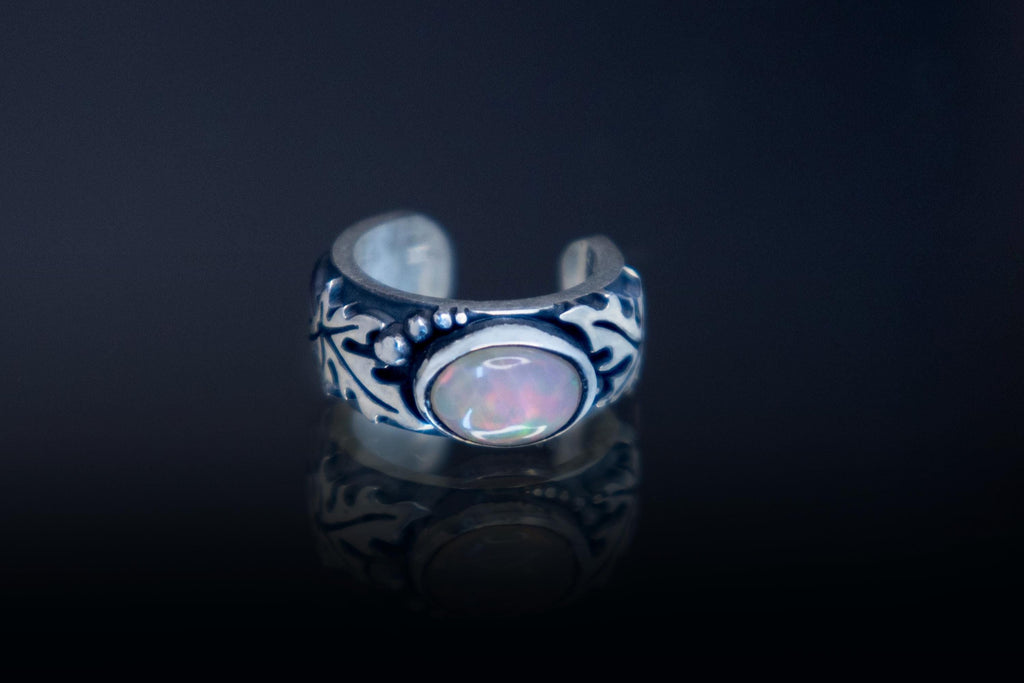 Fairy woodland silver ear wrap with glowing opal