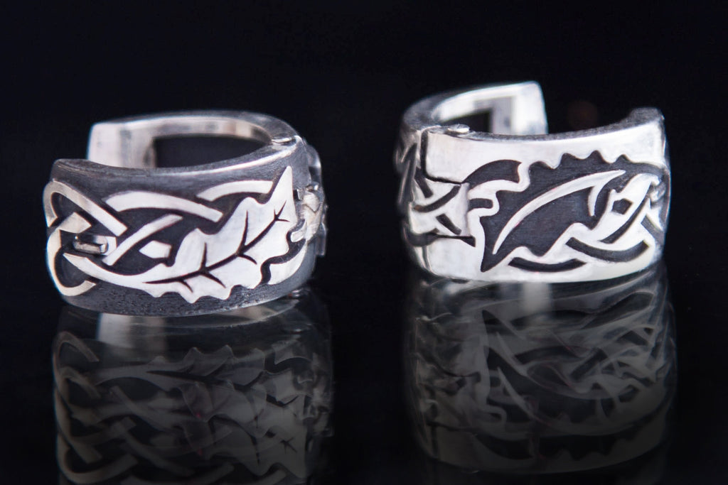 asymmetrical Celtic oak earrings, light and dark relief