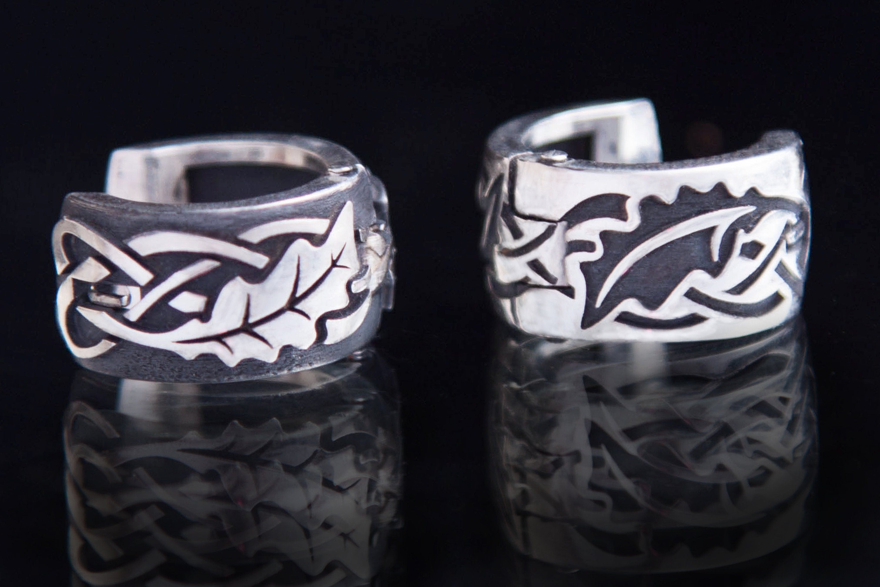 asymmetrical Celtic oak earrings, light and dark relief