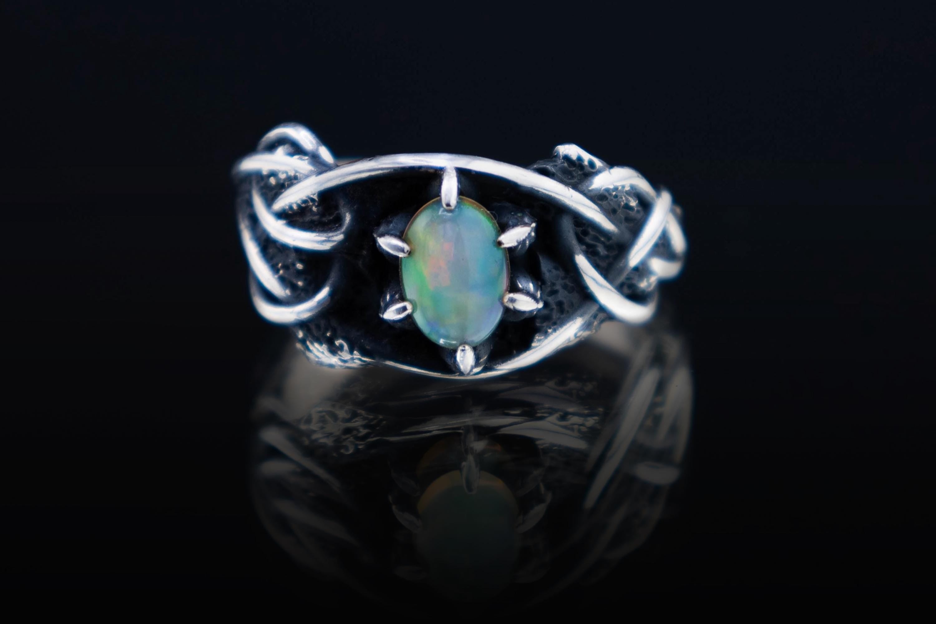 Fairy inspired silver ring with natural Ethiopian opal