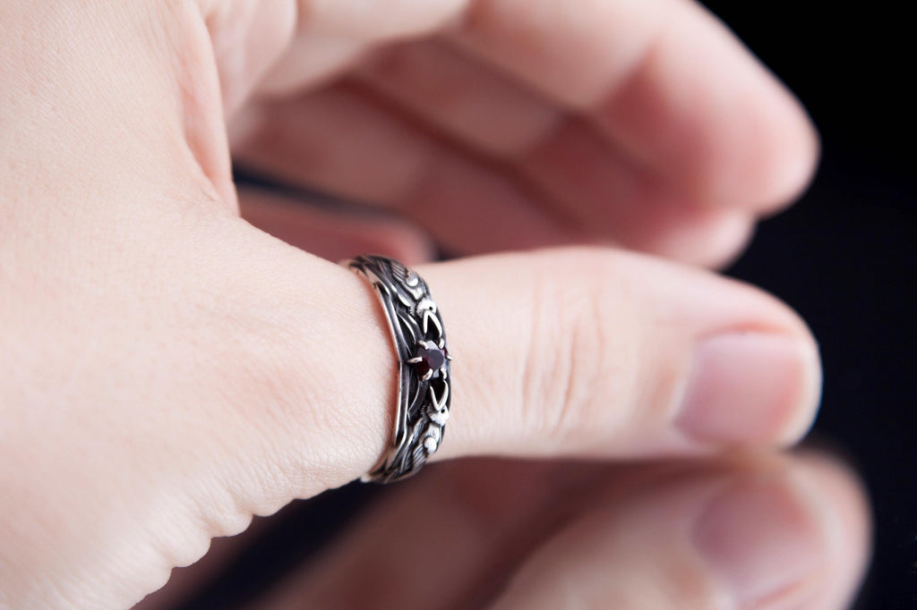Raven Silver Ring with Garnet, Norse Mythology Viking  inspired