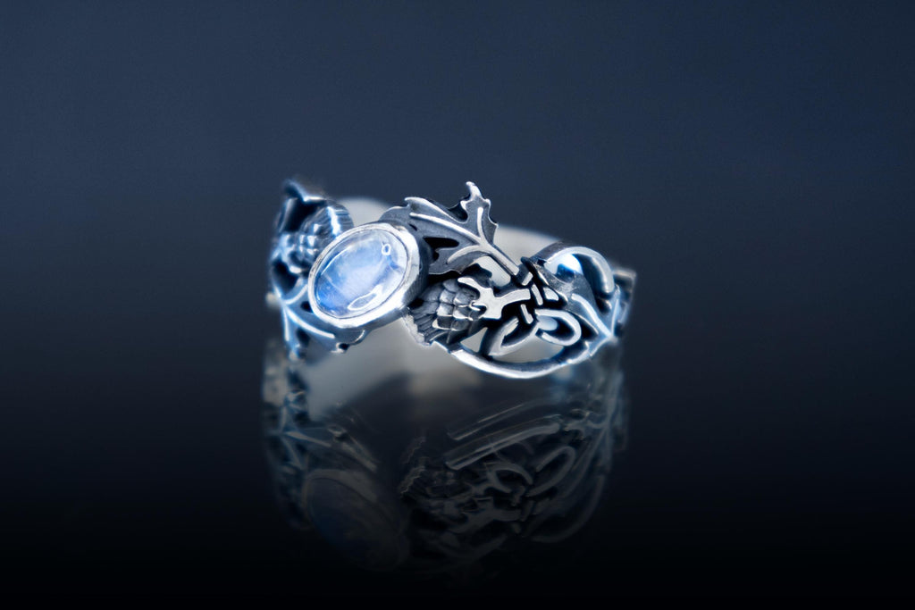 Celtic openwork thistle ring with moonstone, fantasy handmade 