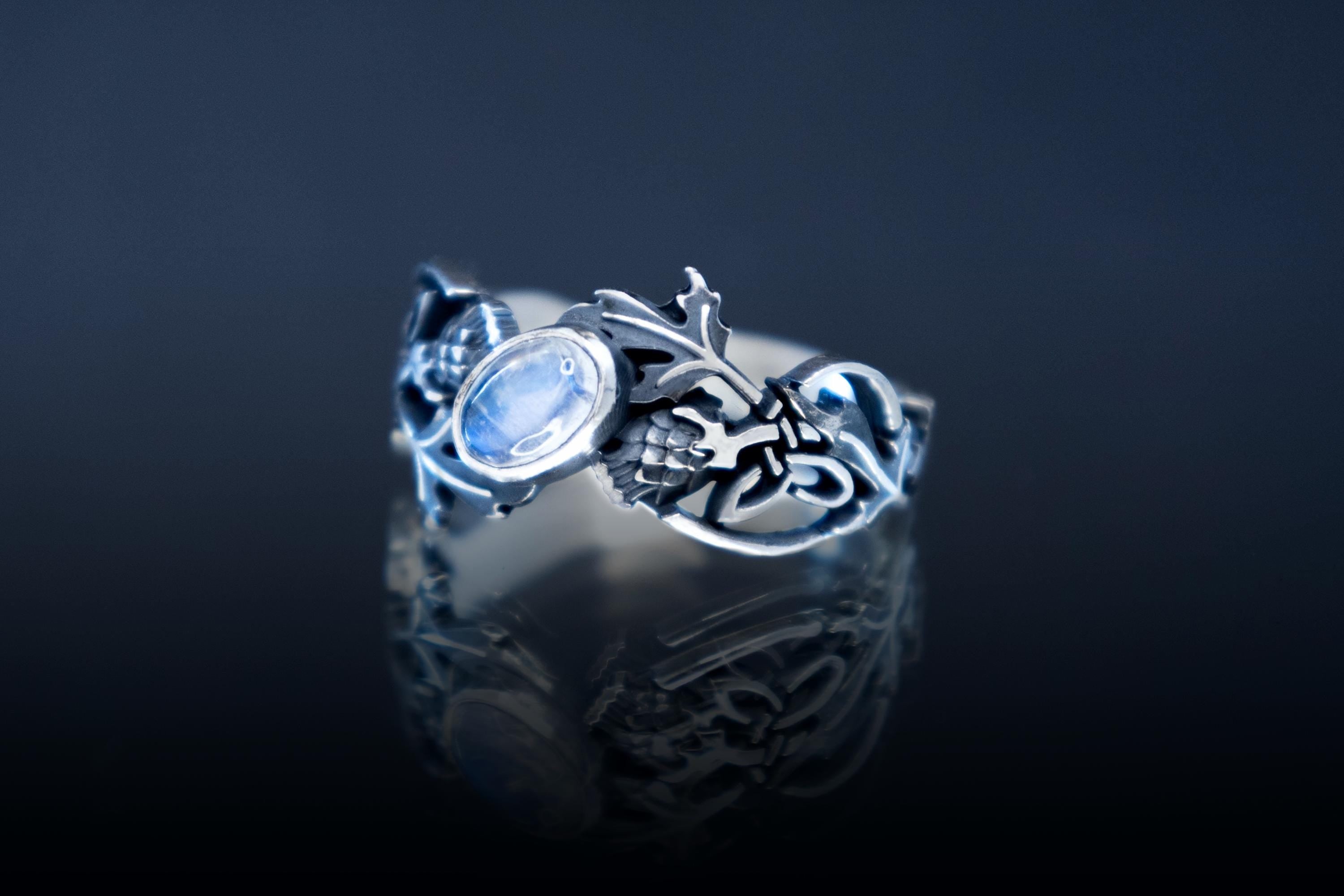 Celtic openwork thistle ring with moonstone, fantasy handmade 