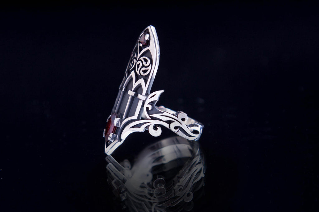 Medieval inspired silver ring with garnet