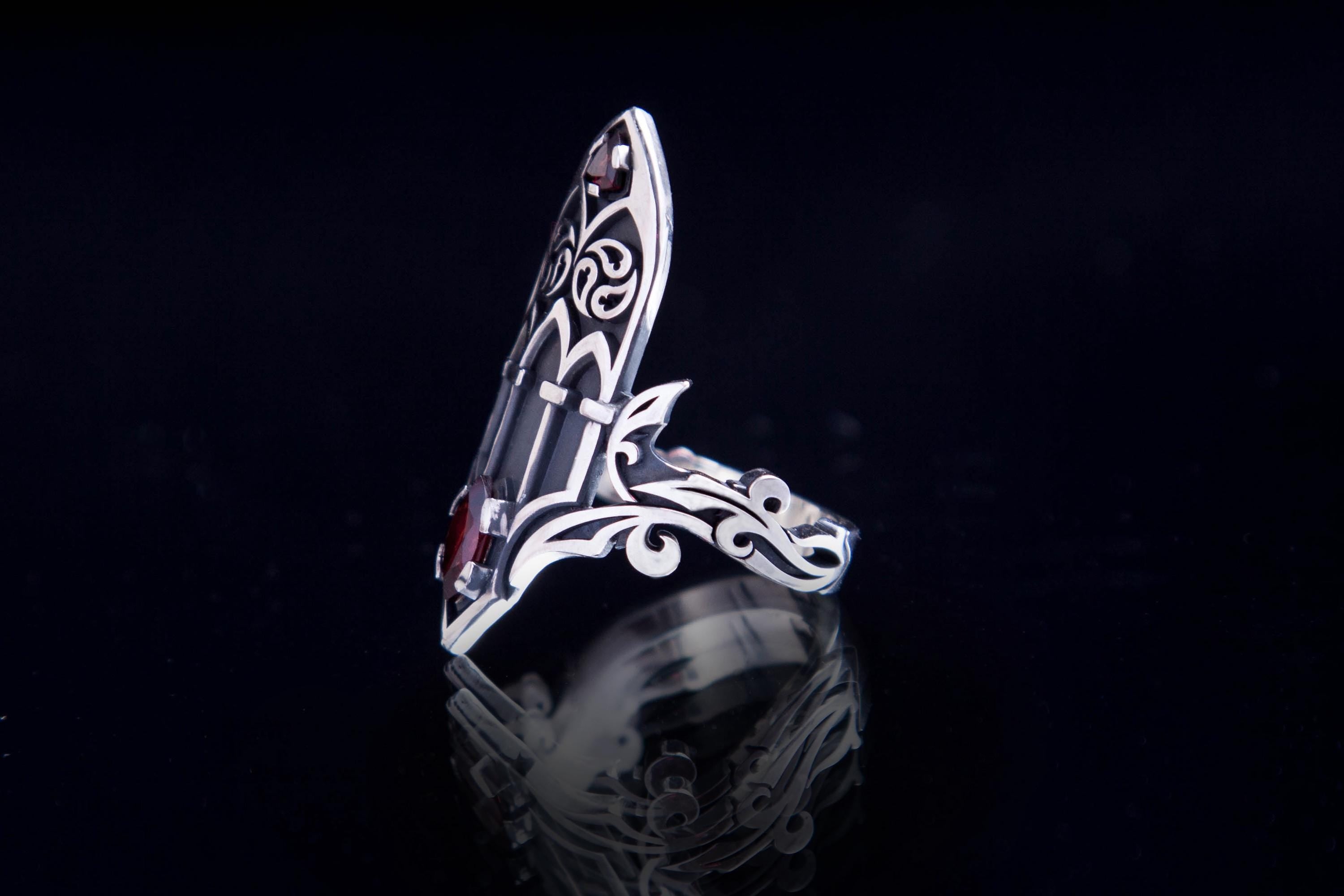 Medieval inspired silver ring with garnet