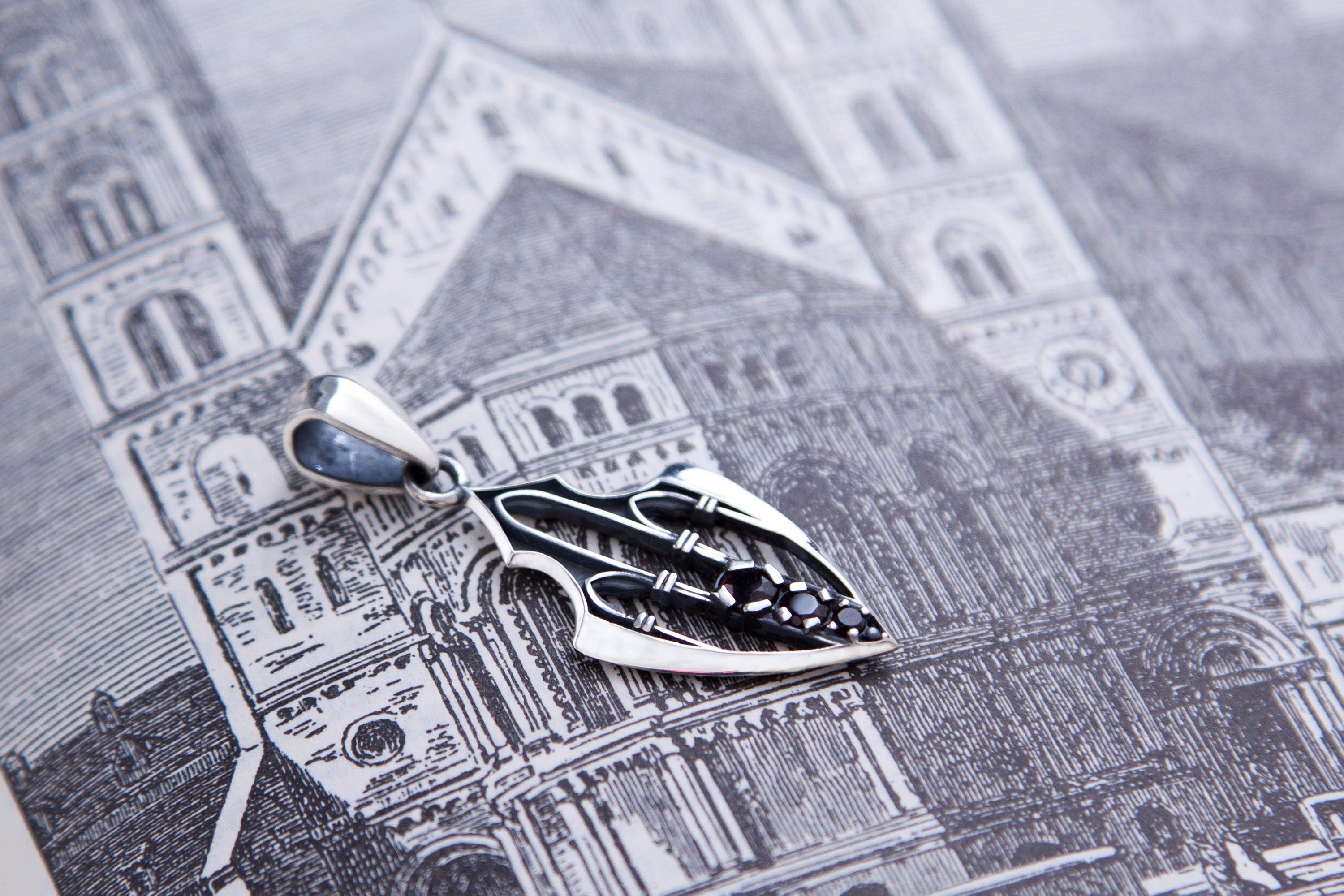 Cathedral Guardian Pendant, Sterling Silver Garnet Necklace, Gothic Fantasy Talisman
