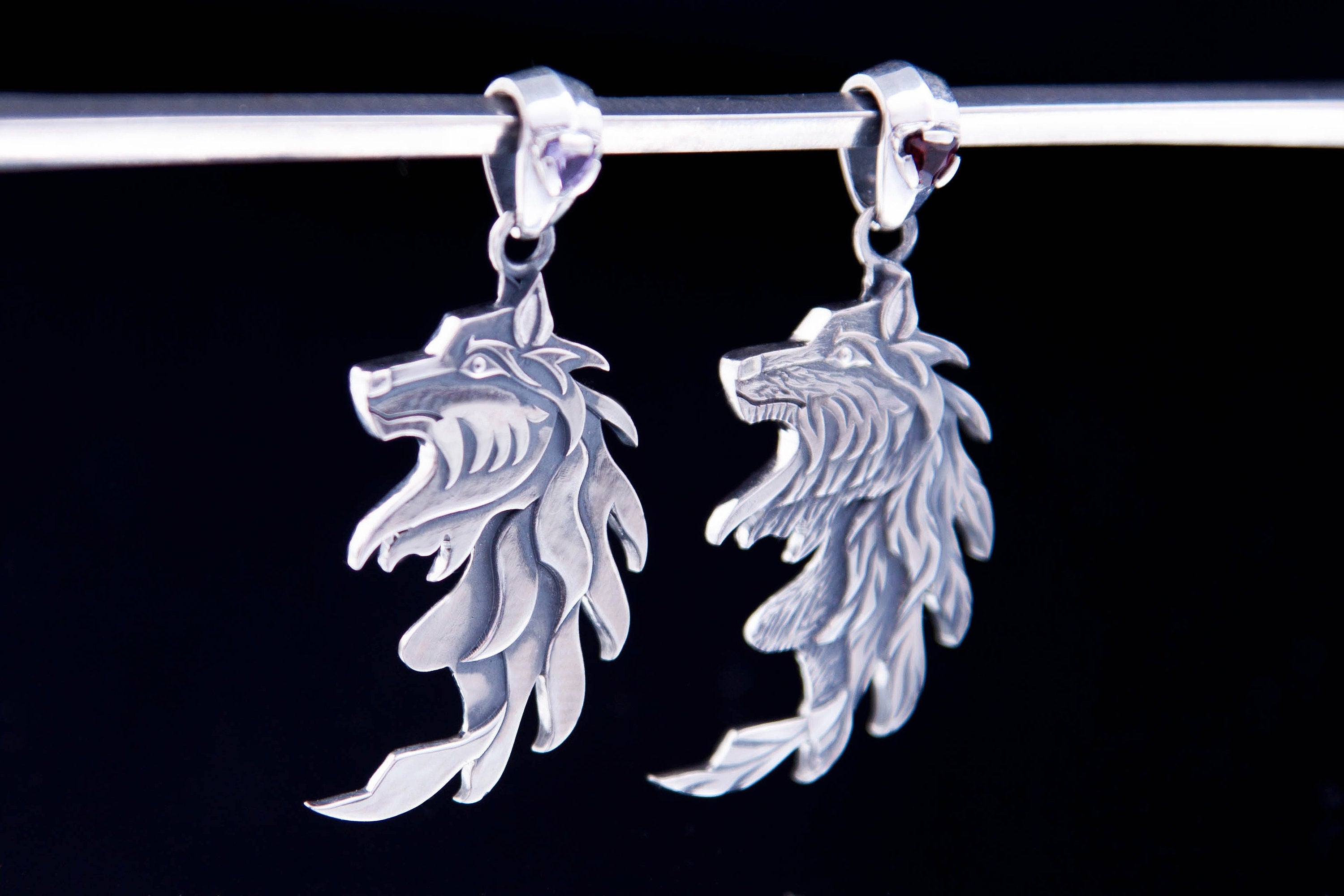 Fantasy inspired silver wolf necklace pendants