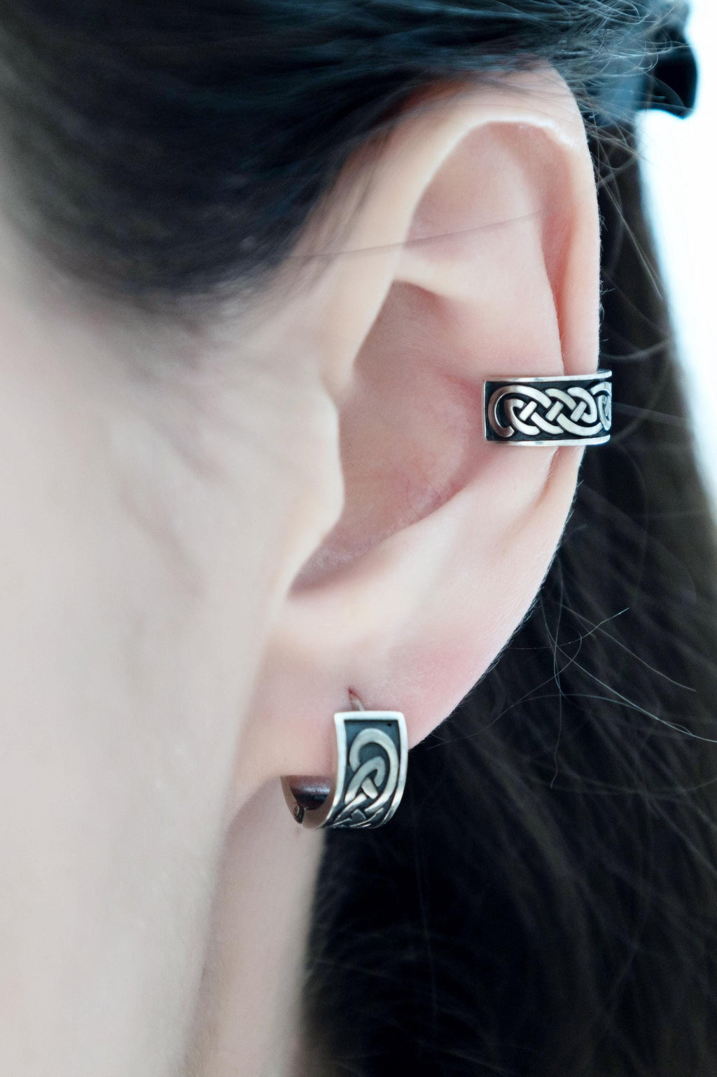 Dainty sterling silver Celtic ear cuff worn on ear