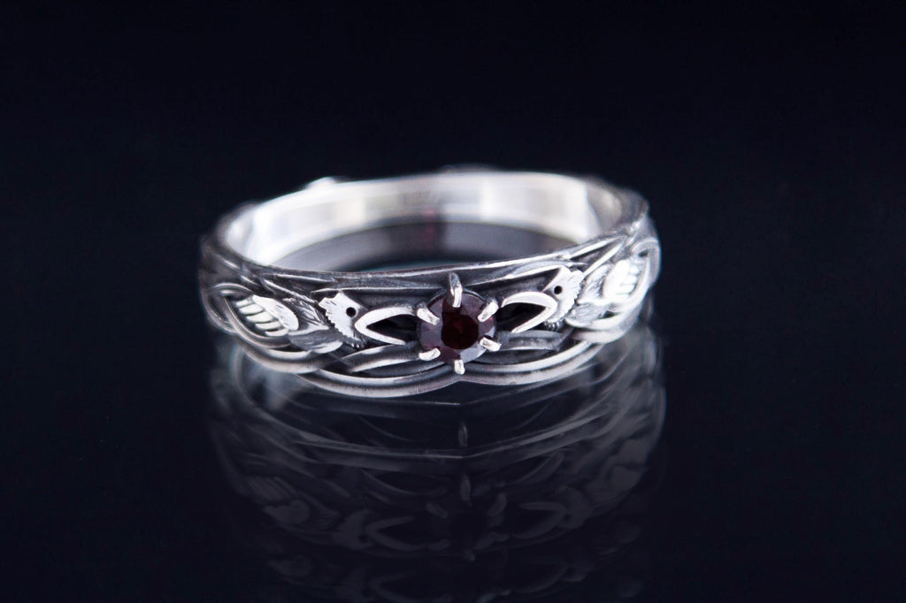 Raven Silver Ring with Garnet, Norse Mythology Viking  inspired