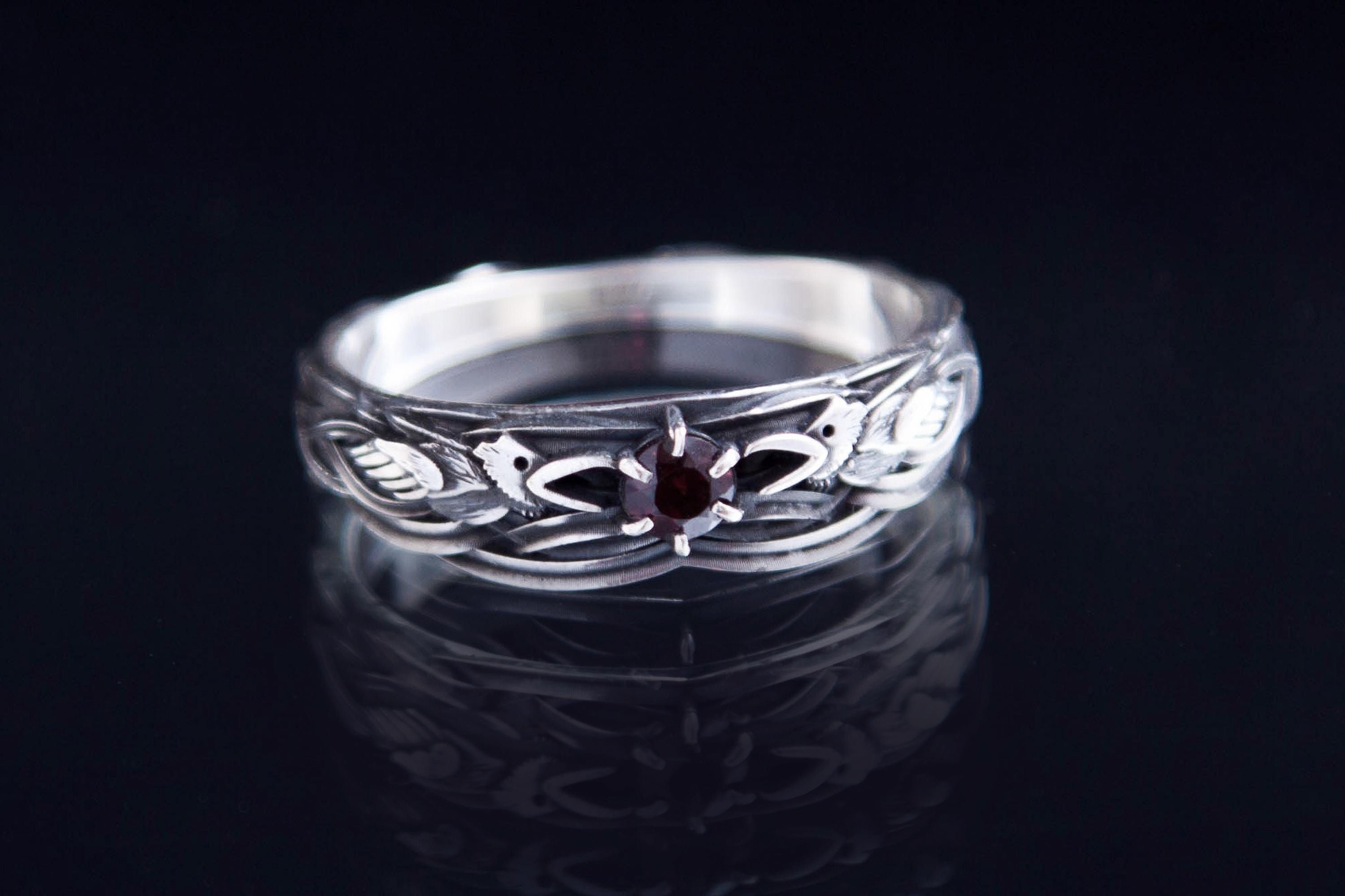 Raven Silver Ring with Garnet, Norse Mythology Viking  inspired