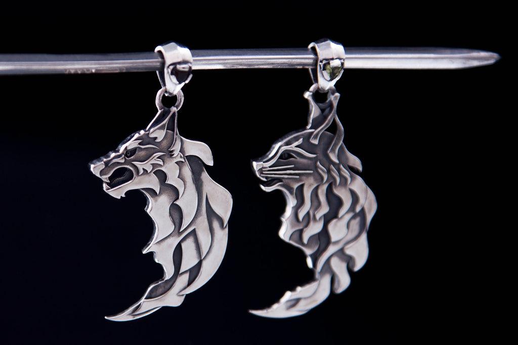 Sterling silver wolf and cat pendant handmade animal jewelry by 