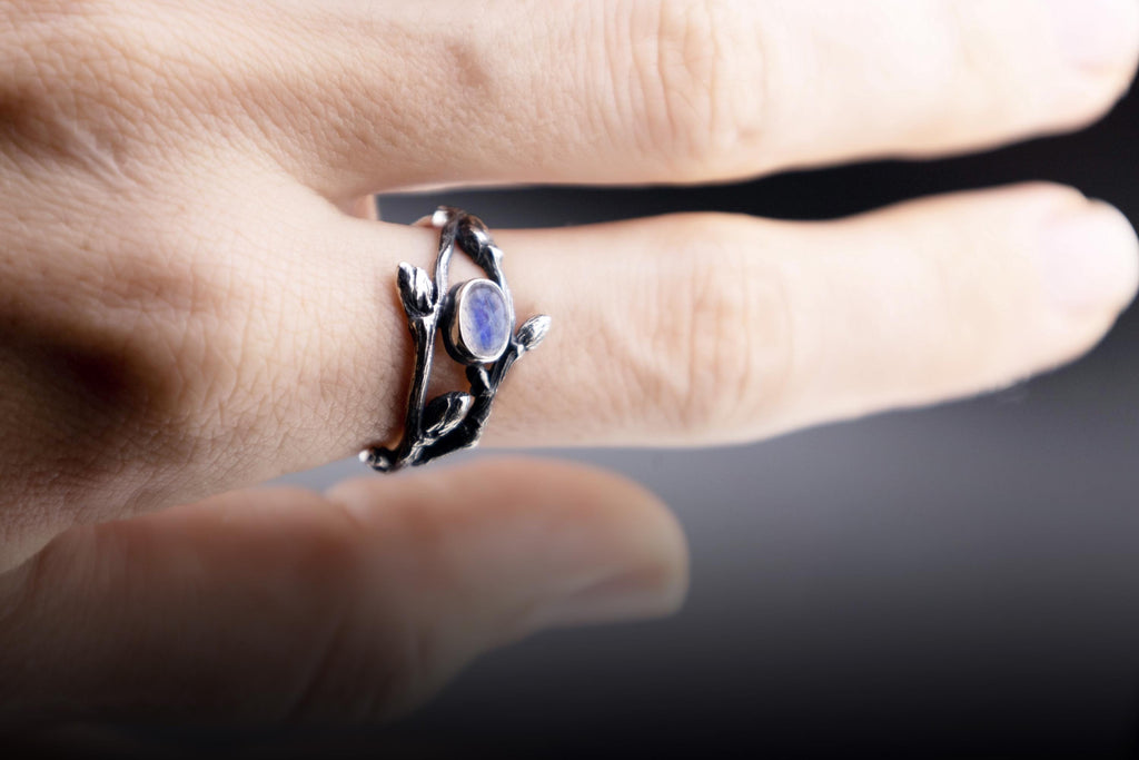 Elven style twig ring worn on a finger