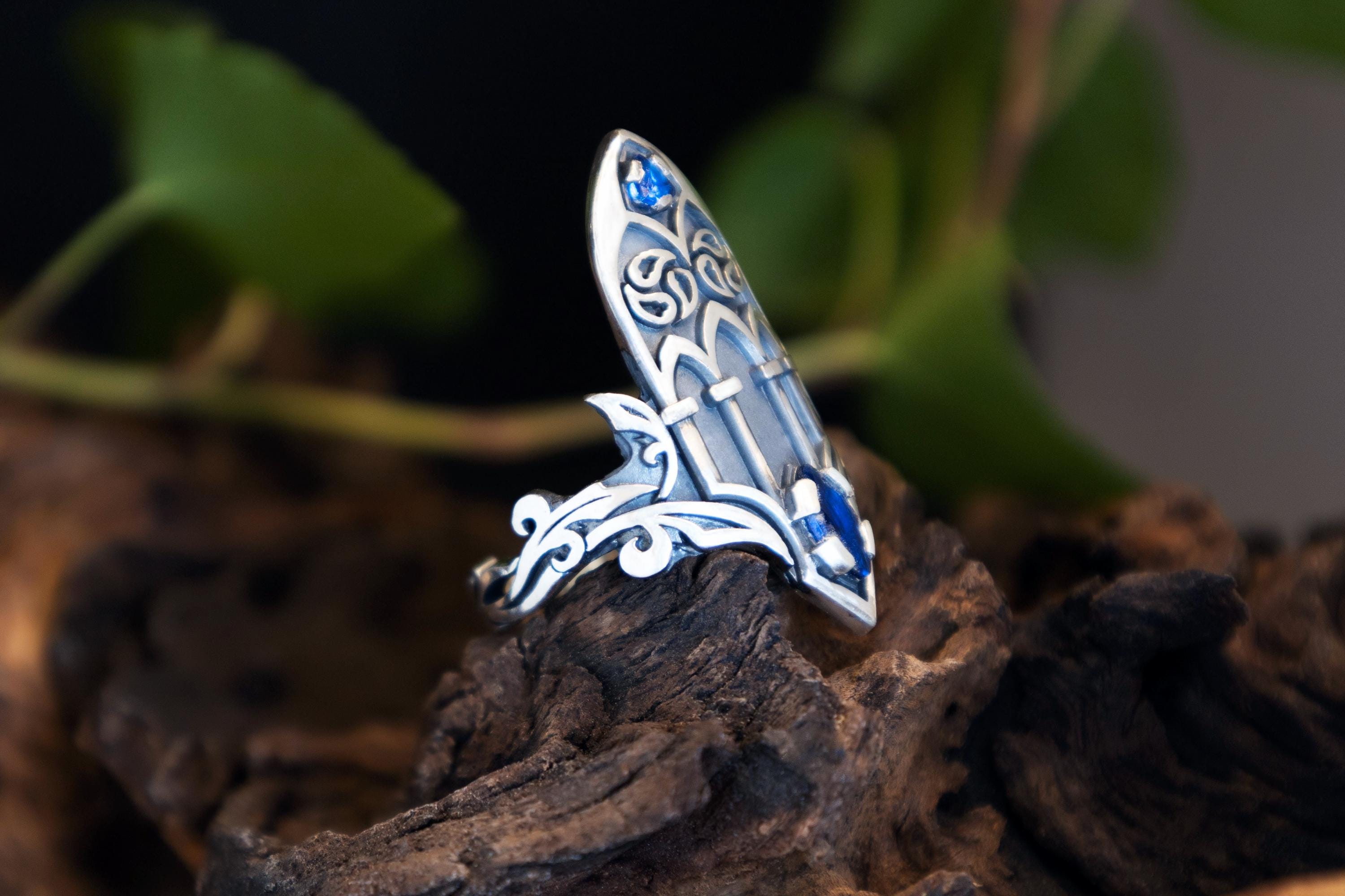 Blue gemstone cathedral ring, statement gothic jewelry