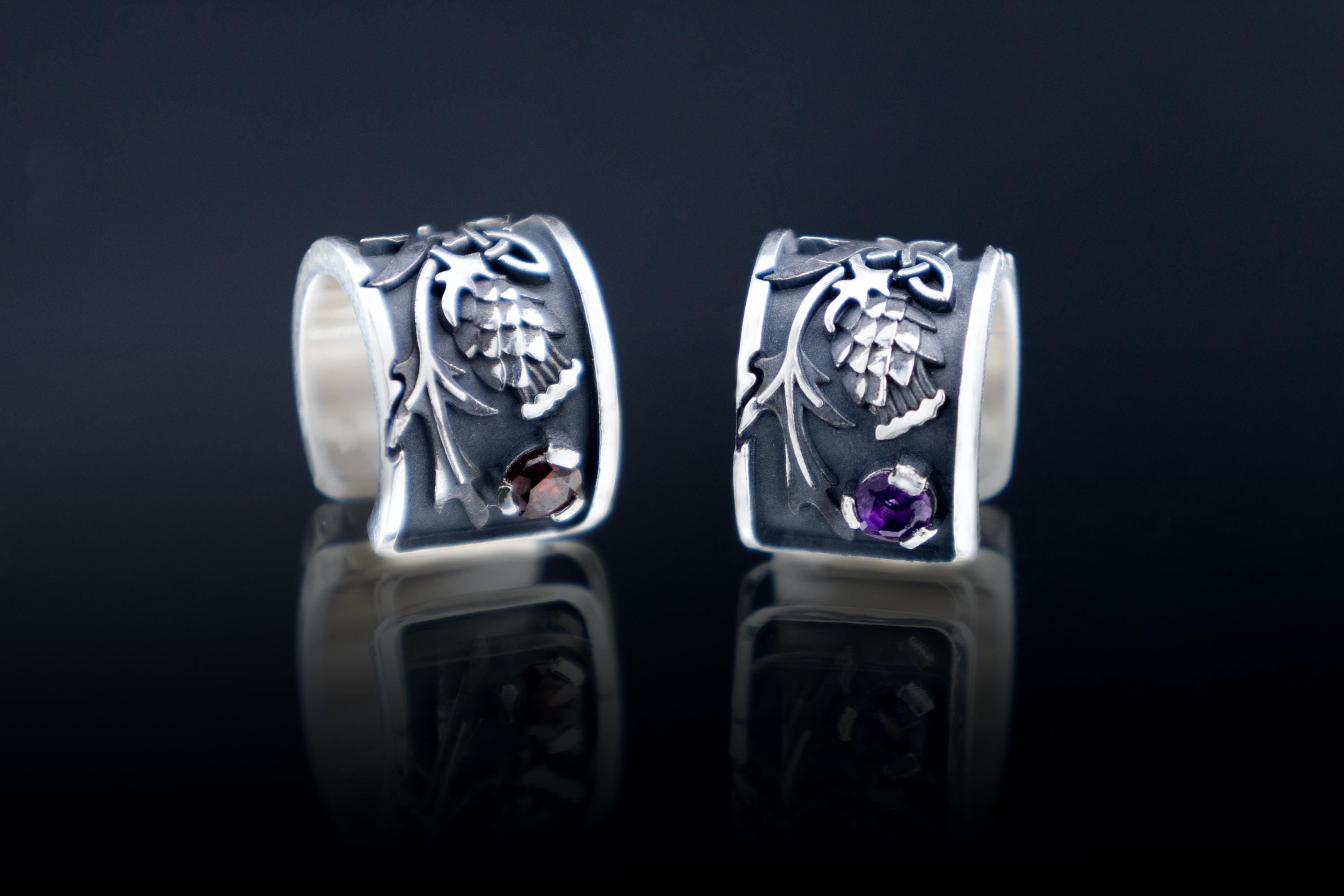 Thistle Silver Ear Cuff, Amethyst or Garnet Celtic Earring