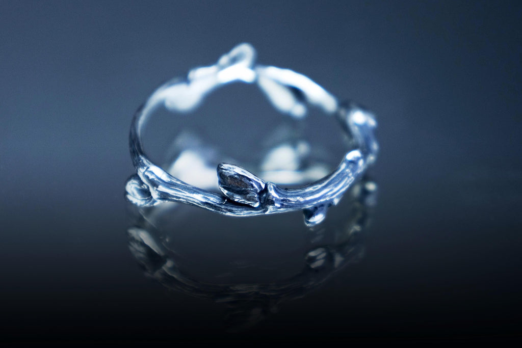 Silver forest twig band handmade jewelry front view