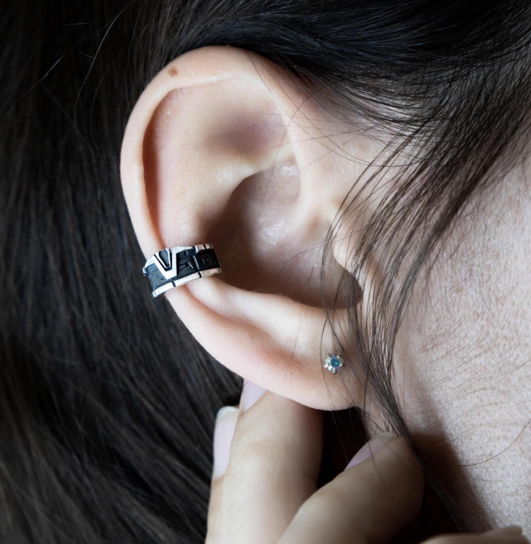 Miniature glyph silver cuff on ear, Star Gate portal 