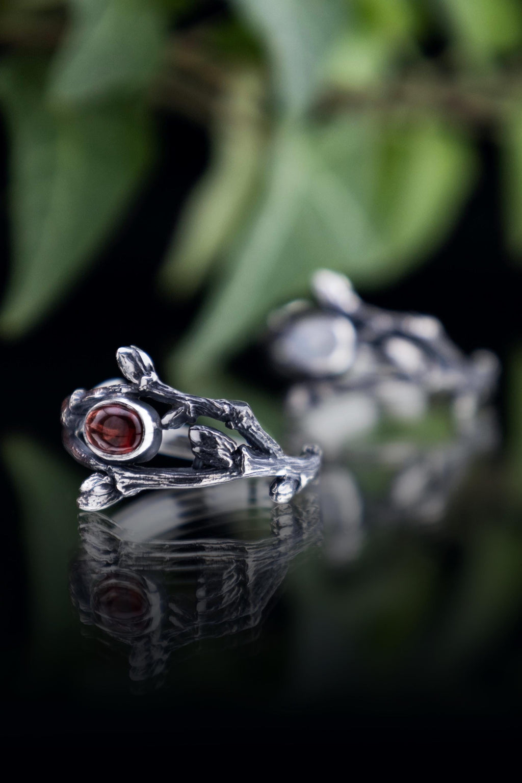 Rustic botanical silver ring, sterling silver twigs and natural garnet