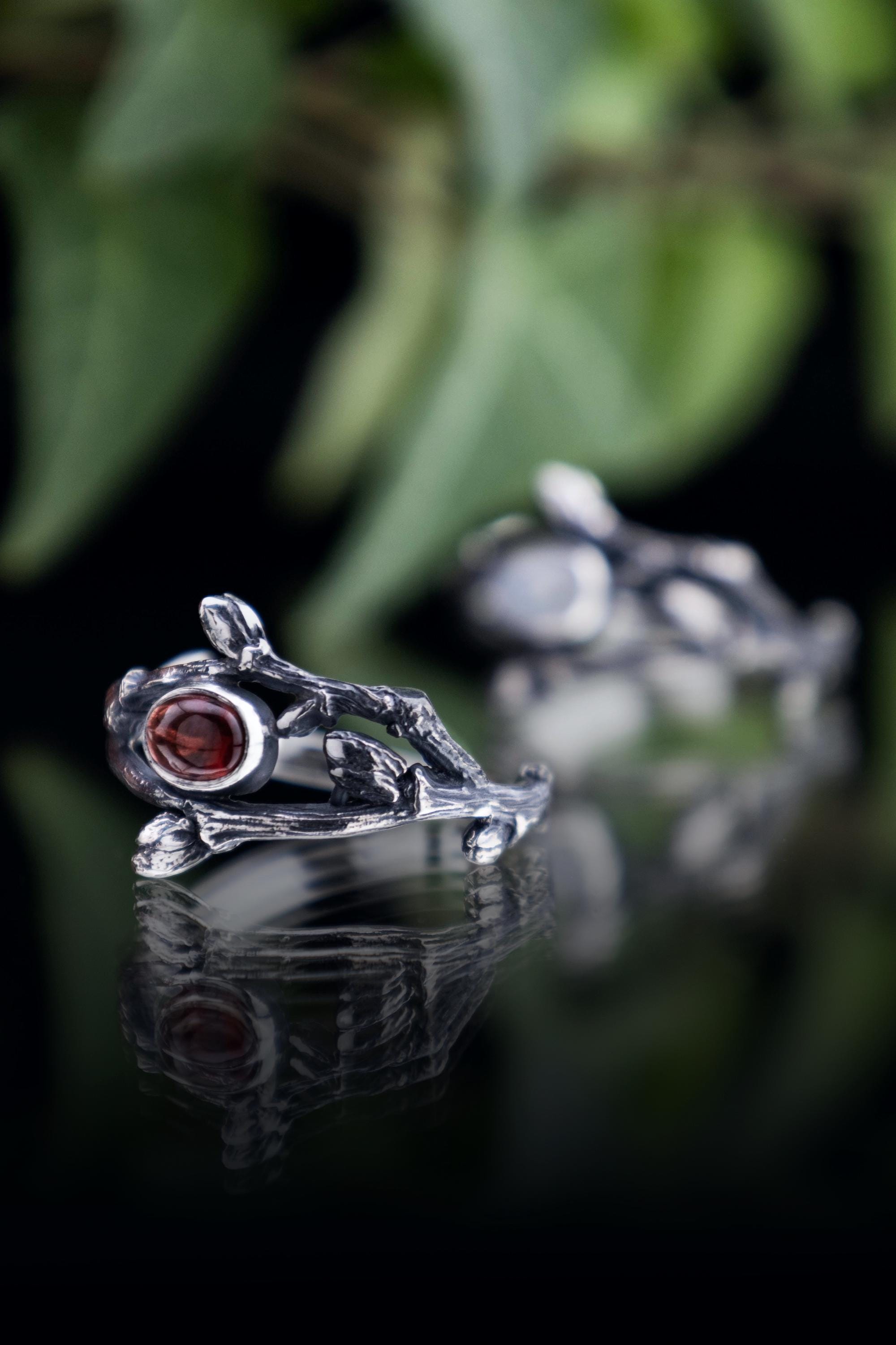 Rustic botanical silver ring, sterling silver twigs and natural garnet