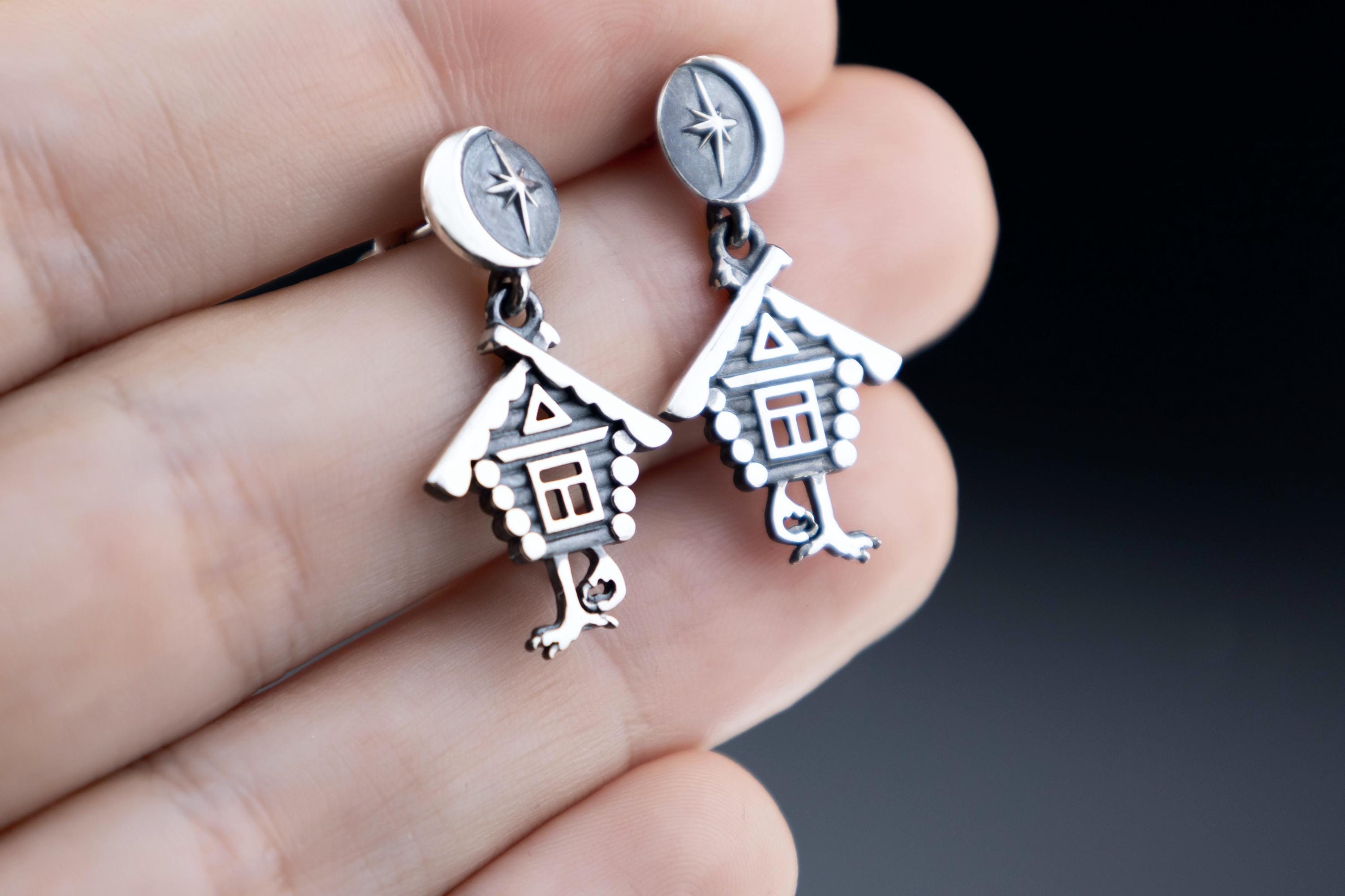 Baba Yaga Earrings, Sterling Silver Slavic Folklore Witch House on Chicken Legs