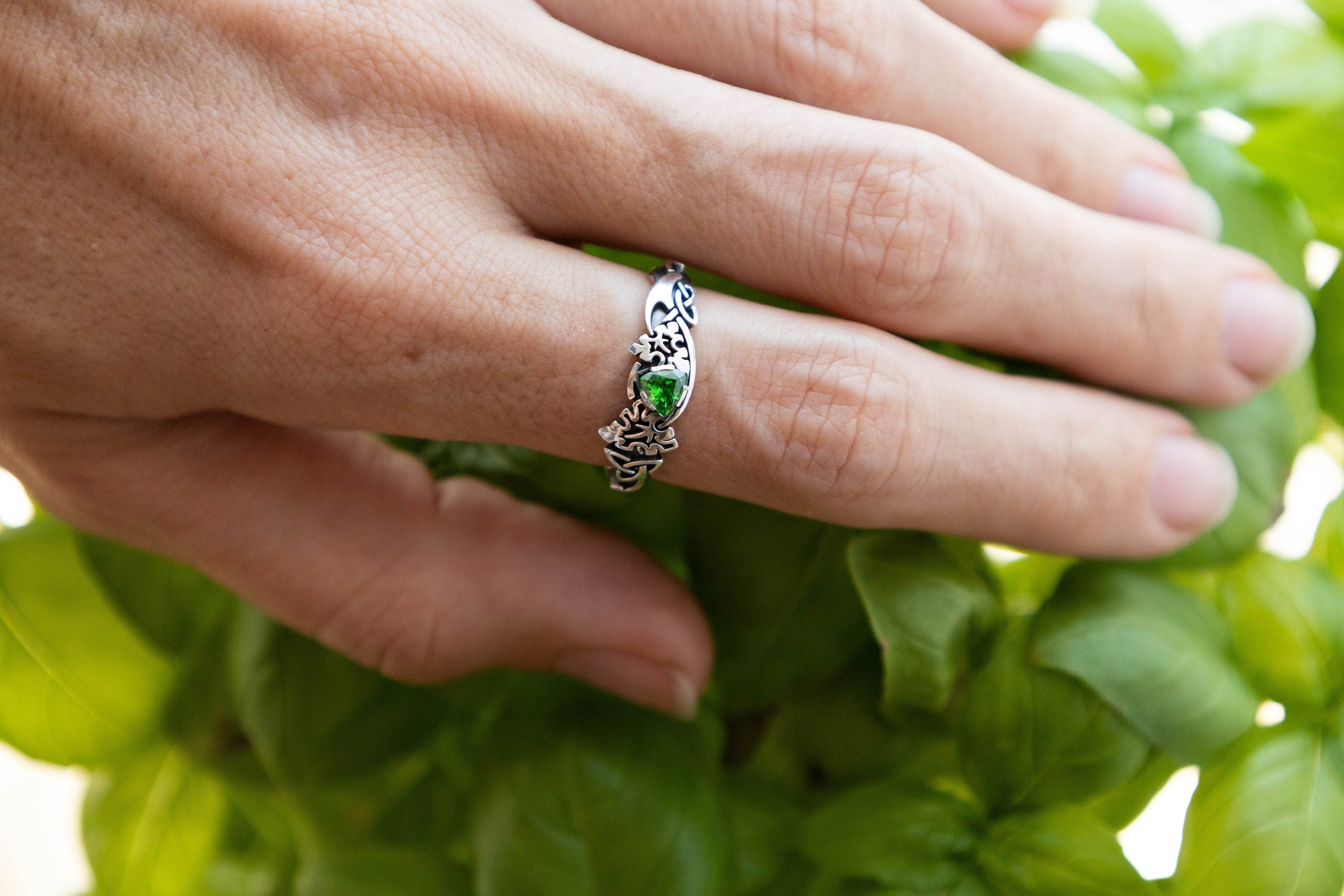 Elven celtic fantasy ring shown on hand