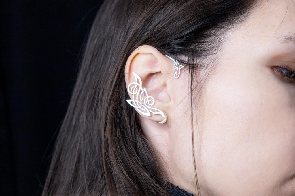 Celtic statement ear cuff on ear, fantasy jewelry