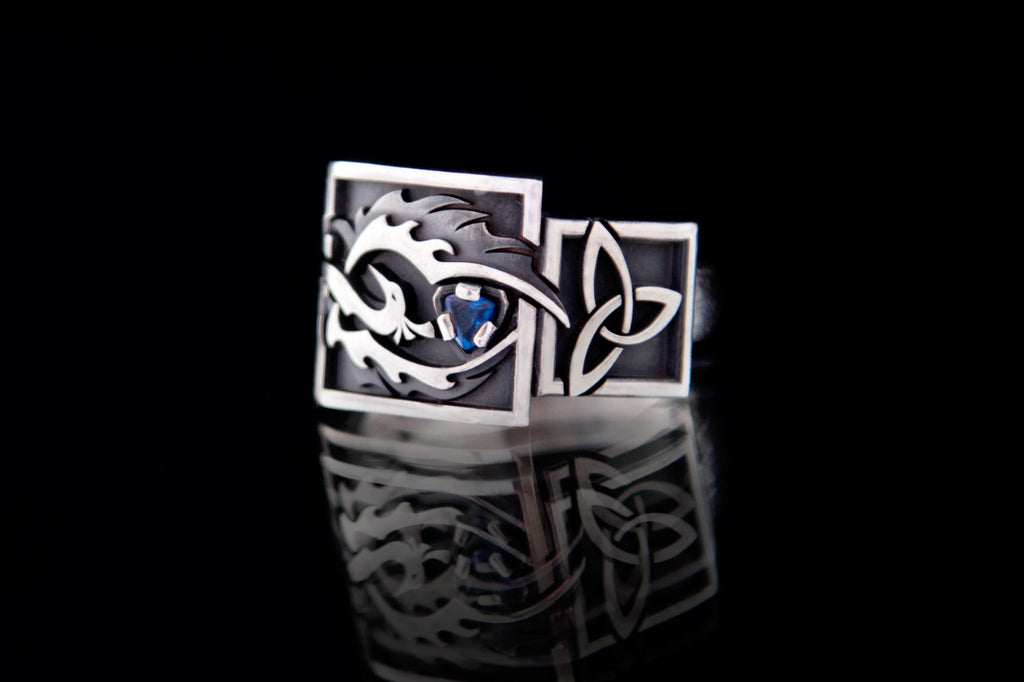 Sterling silver phoenix ring with blue cubic zirconia