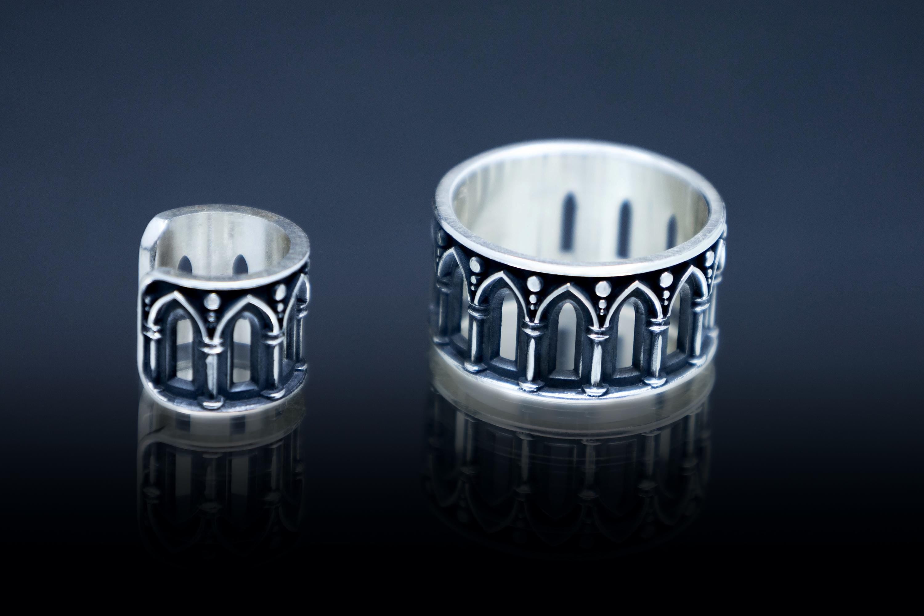 Gothic ear cuff and ring set. Sterling silver medieval jewelry