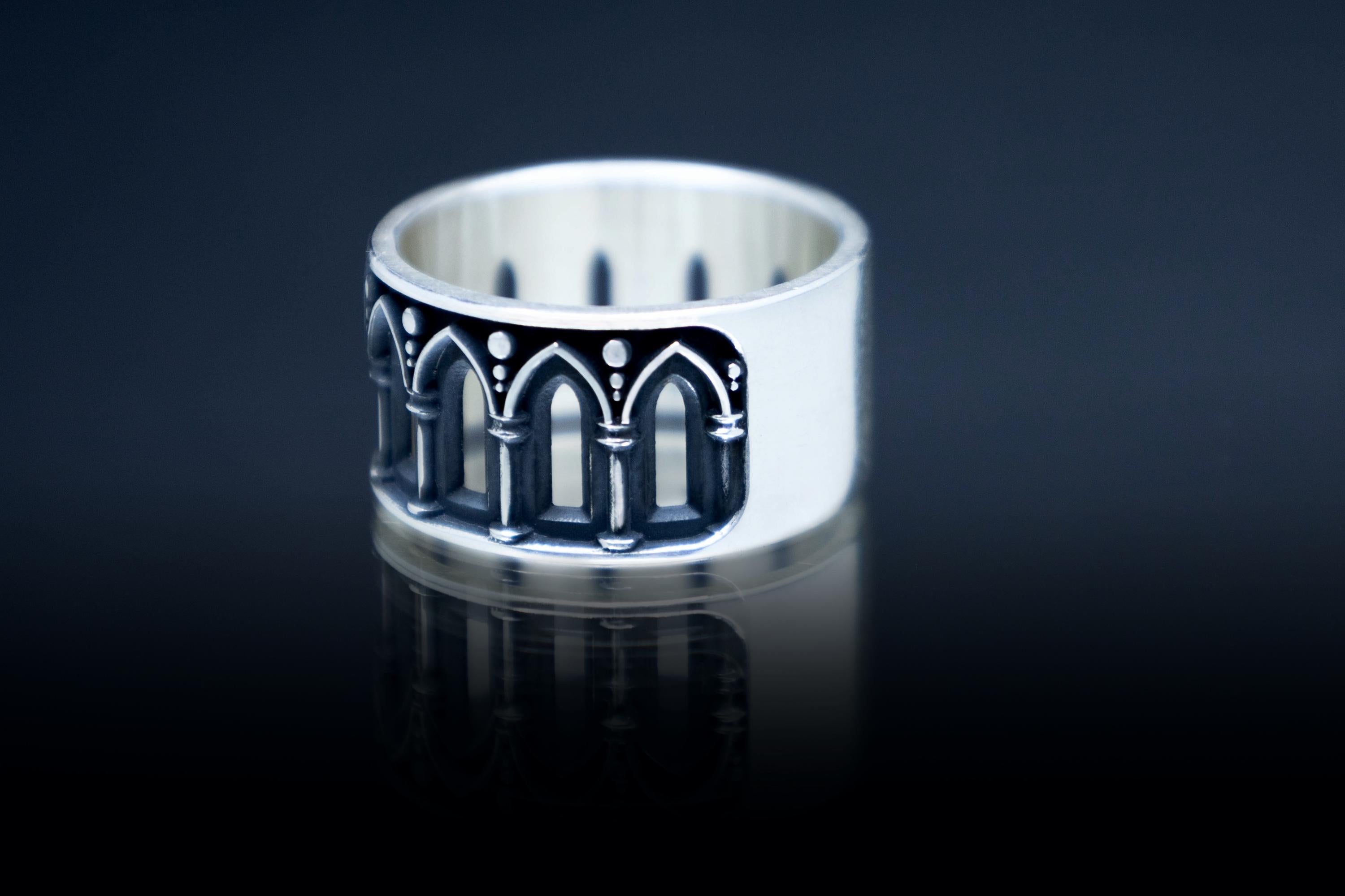 Handcrafted Gothic wide ring, cathedral arches in front, comfort smooth in the back 
