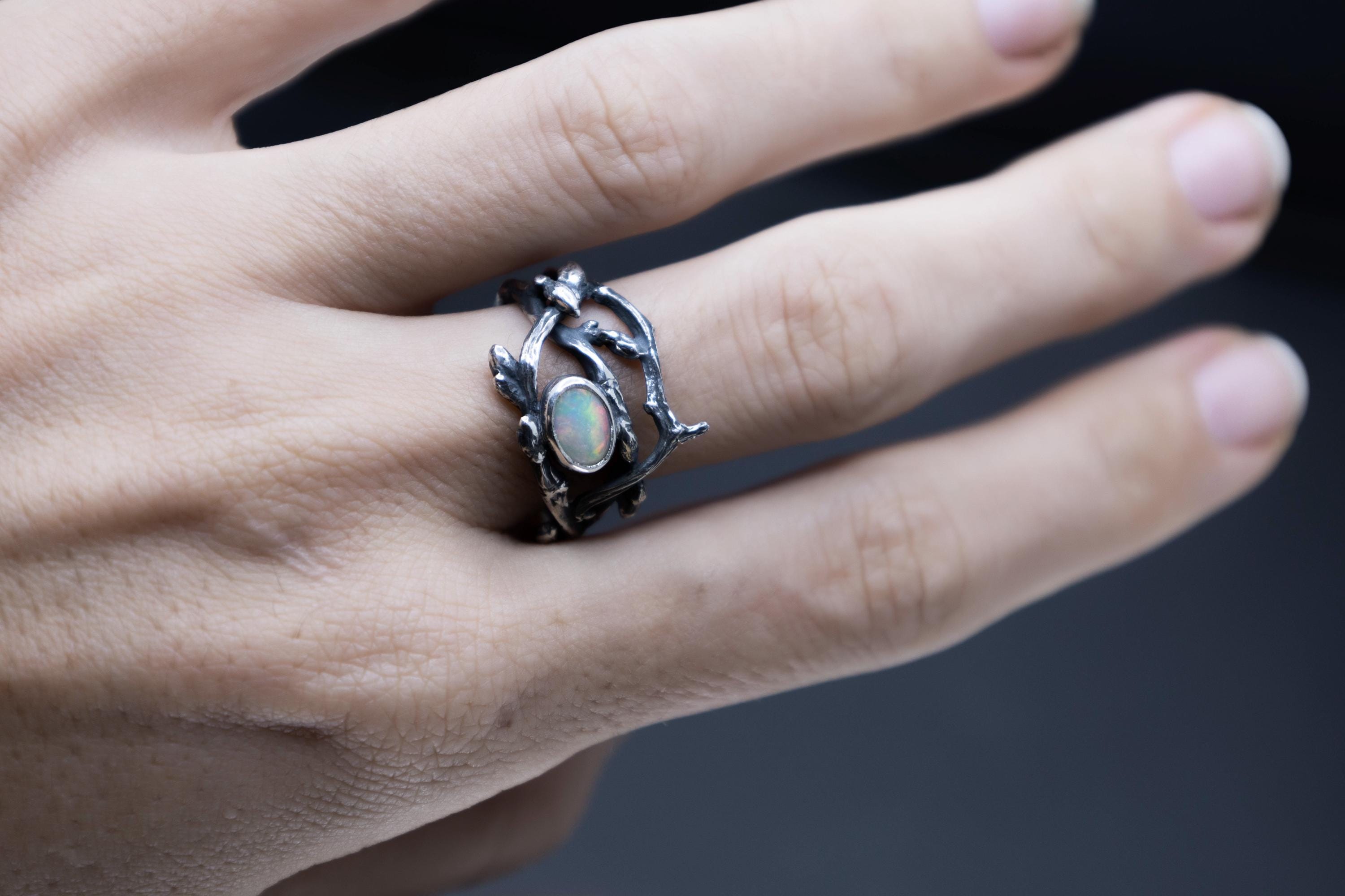 Silver ring made from real cast twigs with opal top view