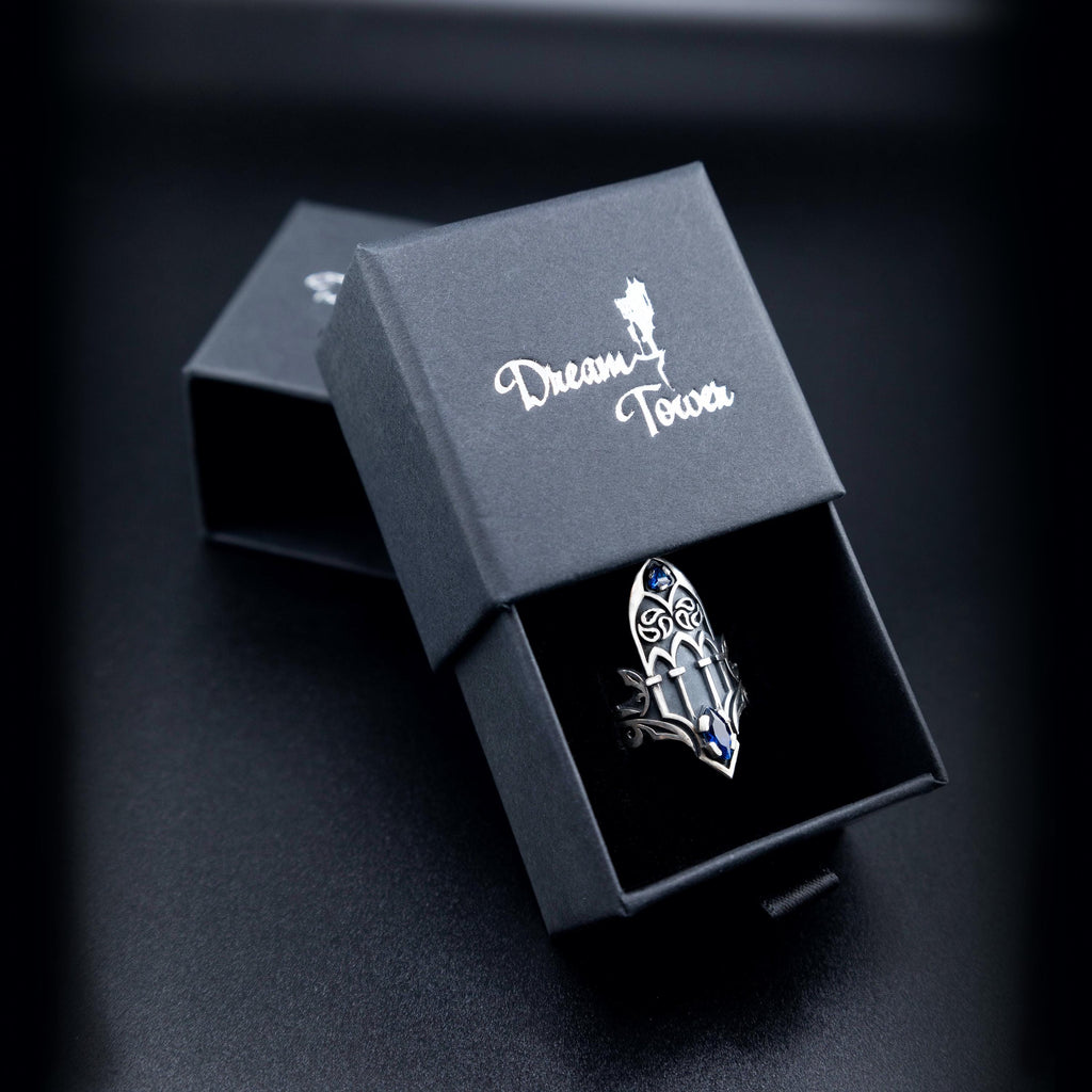 Gothic  silver ring with gems, Unusual Cathedral  Medieval Fantasy statement ring