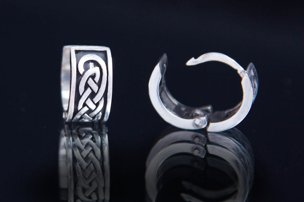 Celtic knot silver hoop earring front view