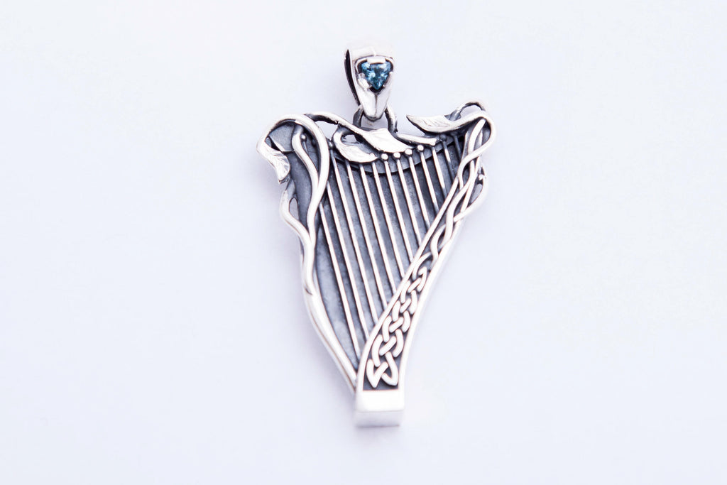 Elven Sterling silver Celtic harp pendant with gemstone