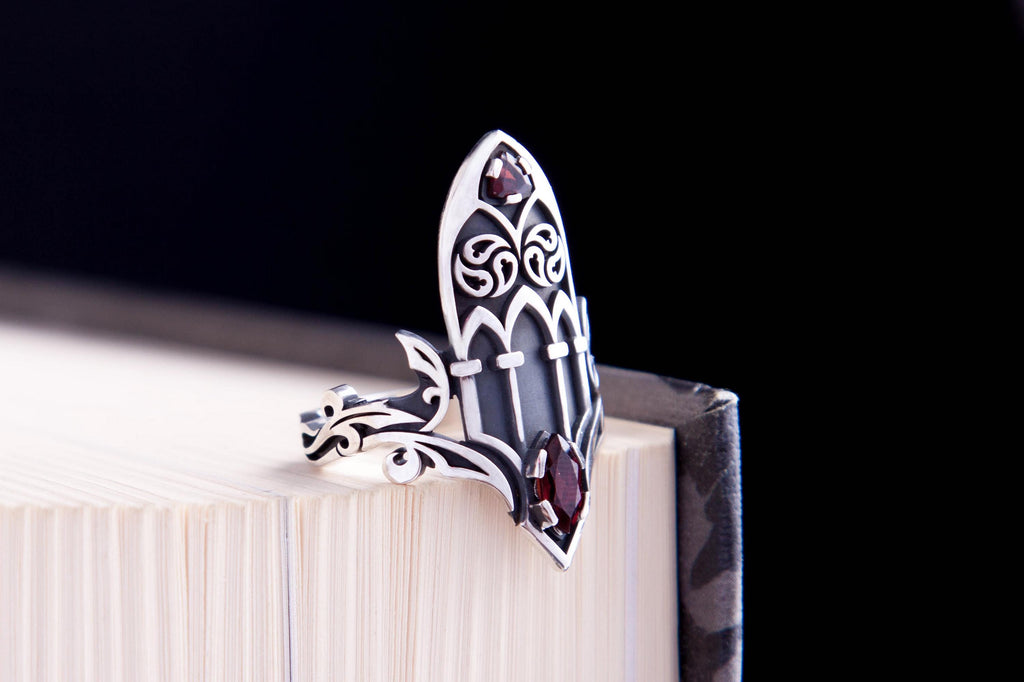 Statement fantasy cathedral ring sterling silver and garnets