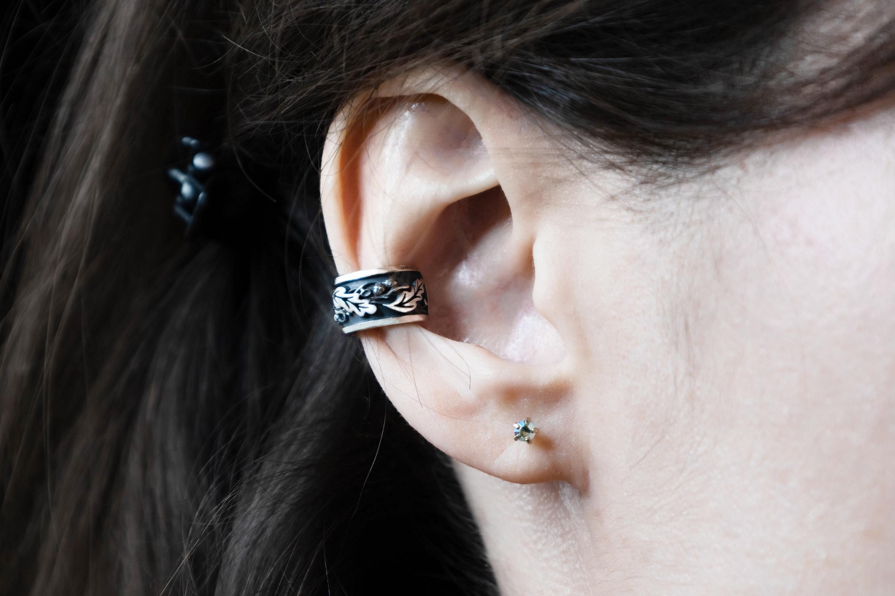 Elven woodland ear cuff worn on ear, no piercing